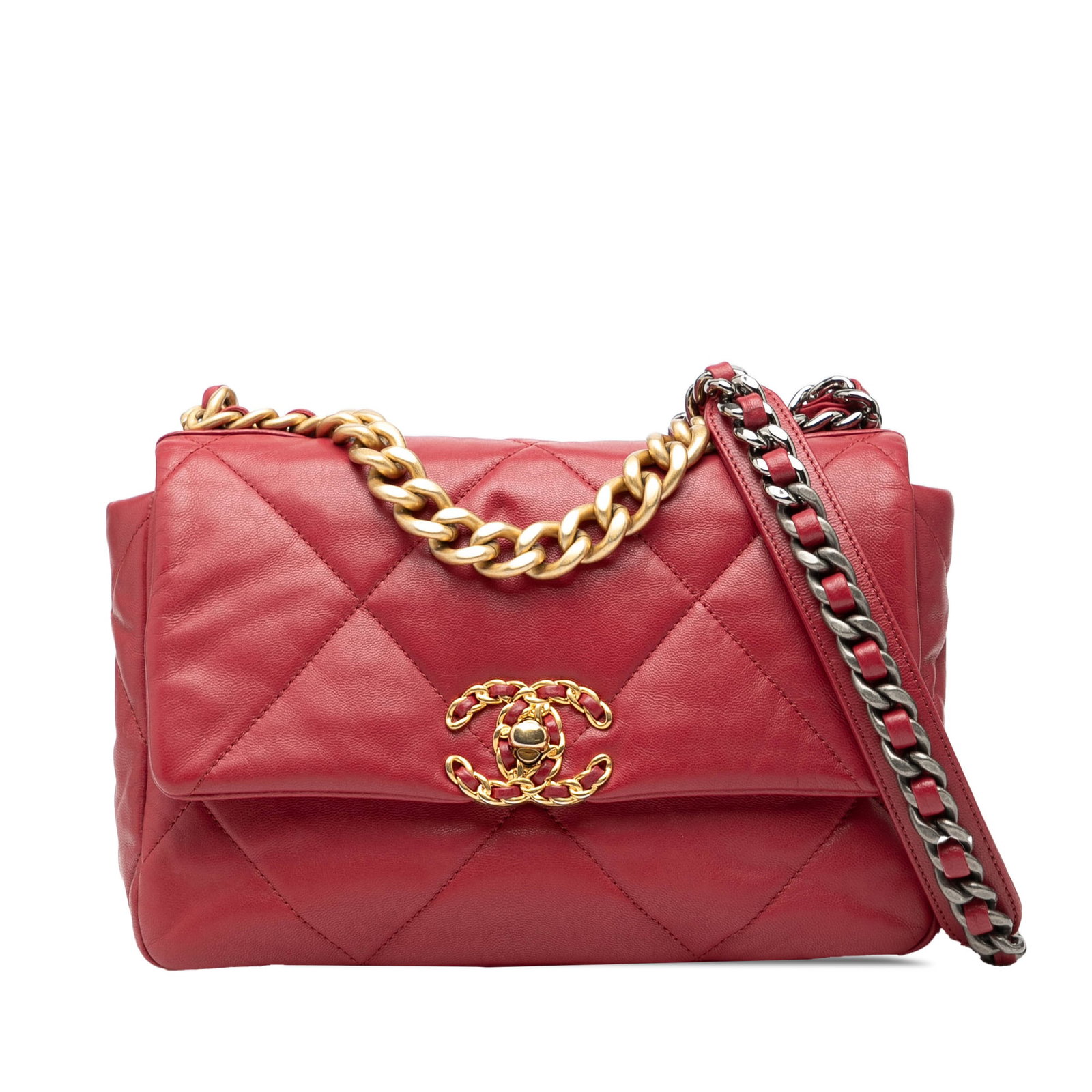 Chanel 19 Quilted Red Lambskin Medium Flap Bag with Chain Handle: Chanel 19 Quilted Red Lambskin Medium Flap Bag with Chain Handle This Chanel Medium Lambskin 19 Flap bag is crafted from quilted lambskin leather in red and features a chain handle, a leather-woven ch