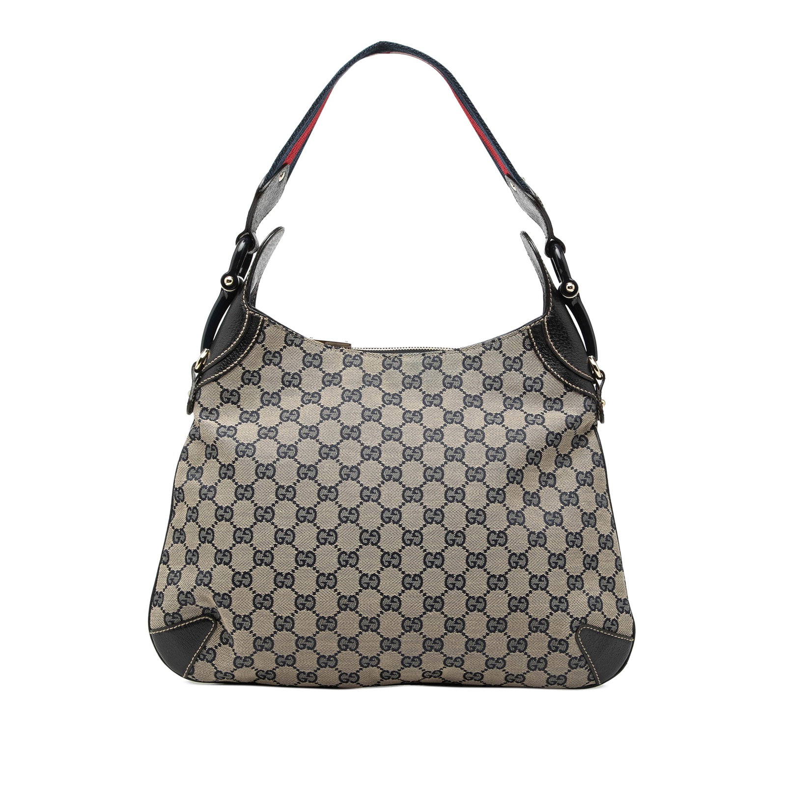 Gucci Creole Hobo Bag GG Canvas with Web Horsebit Detail: Gucci Creole Hobo Bag GG Canvas with Web Horsebit Detail This Gucci GG Canvas Web Horsebit Creole Hobo features a beige canvas body with leather trim, a flat web strap, a top zip closure, and an inter