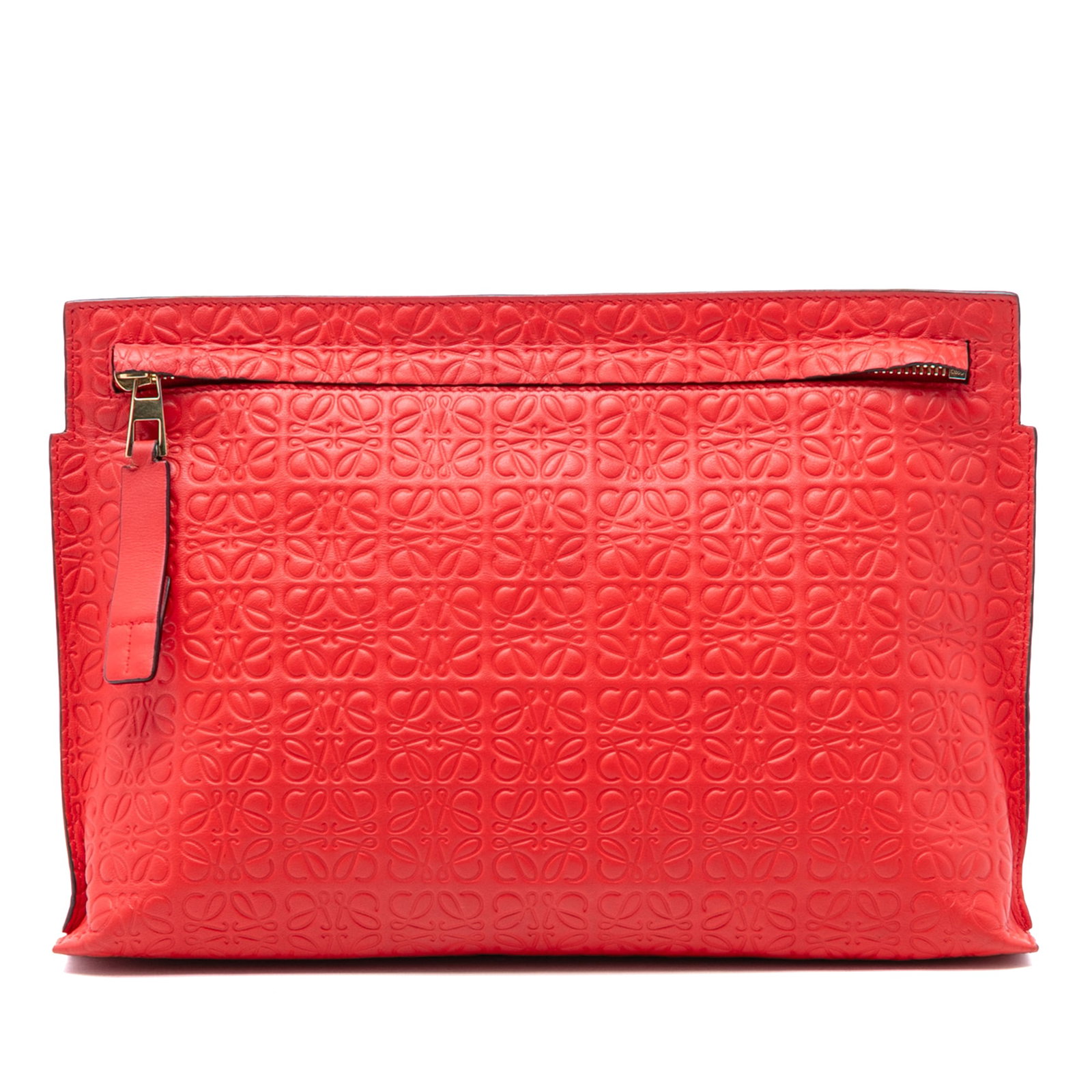 Loewe Red Embossed Leather Anagram Repeat T Zip Clutch Bag: Loewe Red Embossed Leather Anagram Repeat T Zip Clutch Bag This LOEWE clutch features an embossed leather exterior with the signature Anagram motif, a front zip closure, and an interior slip pocket. T