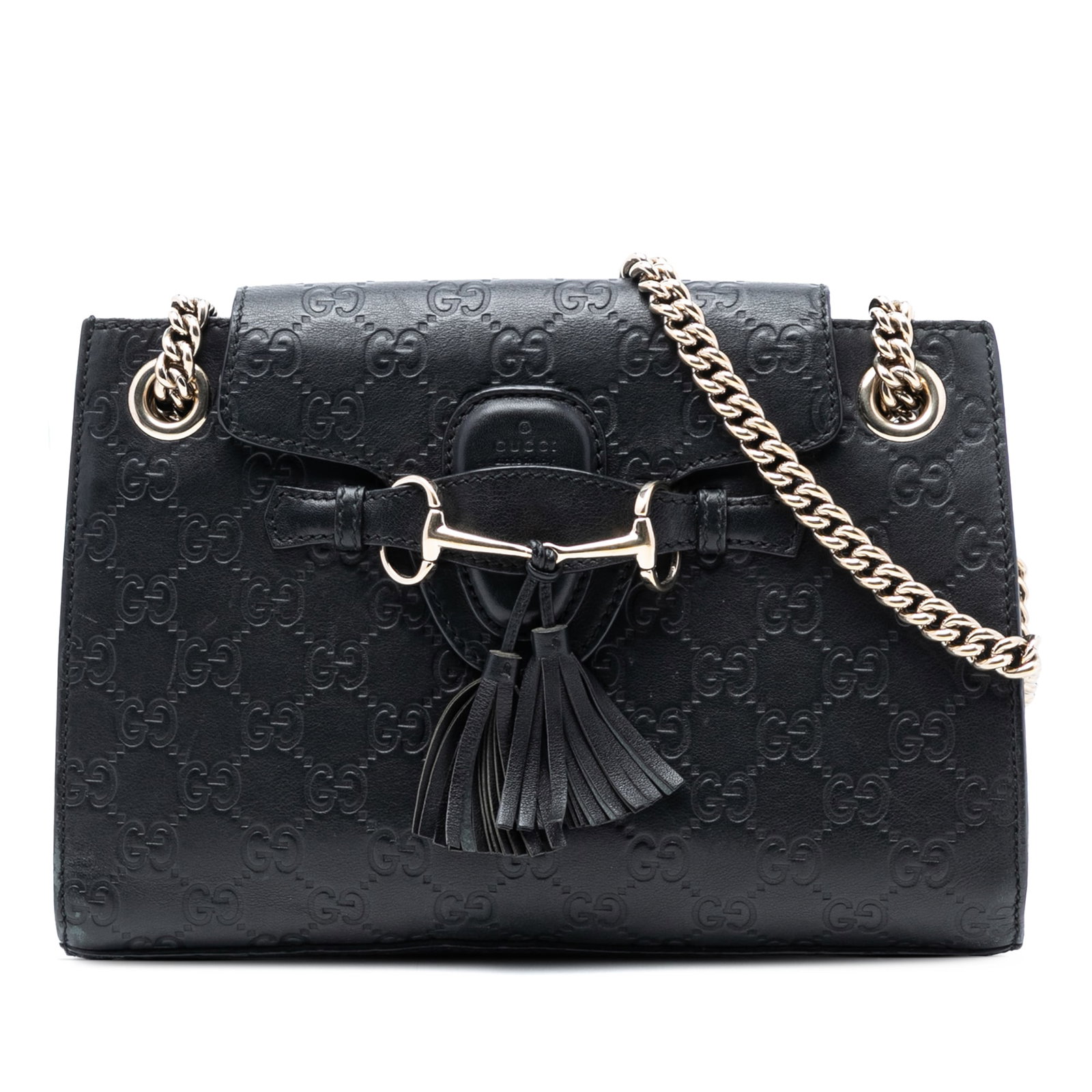 Gucci Emily Guccissima Black Leather Chain Shoulder Bag with Tassel Detail: Gucci Emily Guccissima Black Leather Chain Shoulder Bag with Tassel Detail This Gucci Small Guccissima Emily Shoulder Bag features an embossed leather body in black with chain link straps and leather 