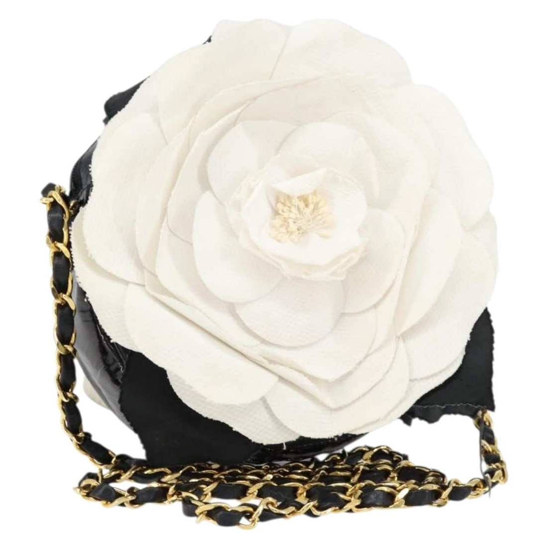 Black Camellia Round Evening Shoulder Bag by Chanel in Patent Leather: Black Camellia Round Evening Shoulder Bag by Chanel in Patent Leather The Chanel Vintage Camellia Round Evening Bag is crafted from black patent leather with satin accents. Designed for women, this pr