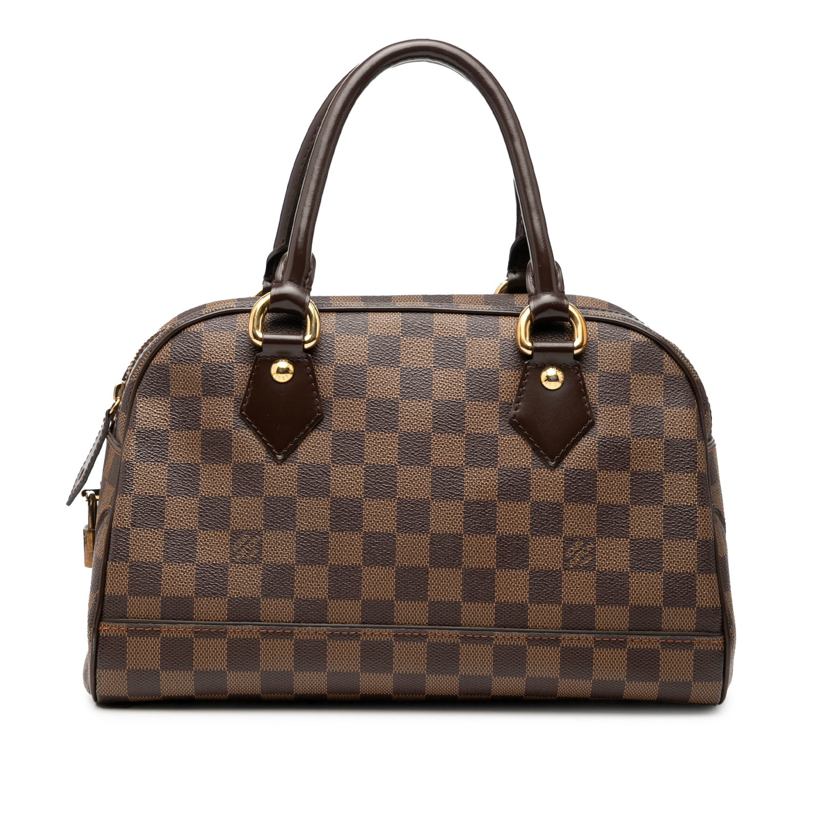 Louis Vuitton Duomo Handbag in Damier Ebene Canvas with Leather Trim: Louis Vuitton Duomo Handbag in Damier Ebene Canvas with Leather Trim This Louis Vuitton Damier Ebene Duomo bag features the iconic Damier Ebene canvas with leather trim, rolled leather handles, a top 