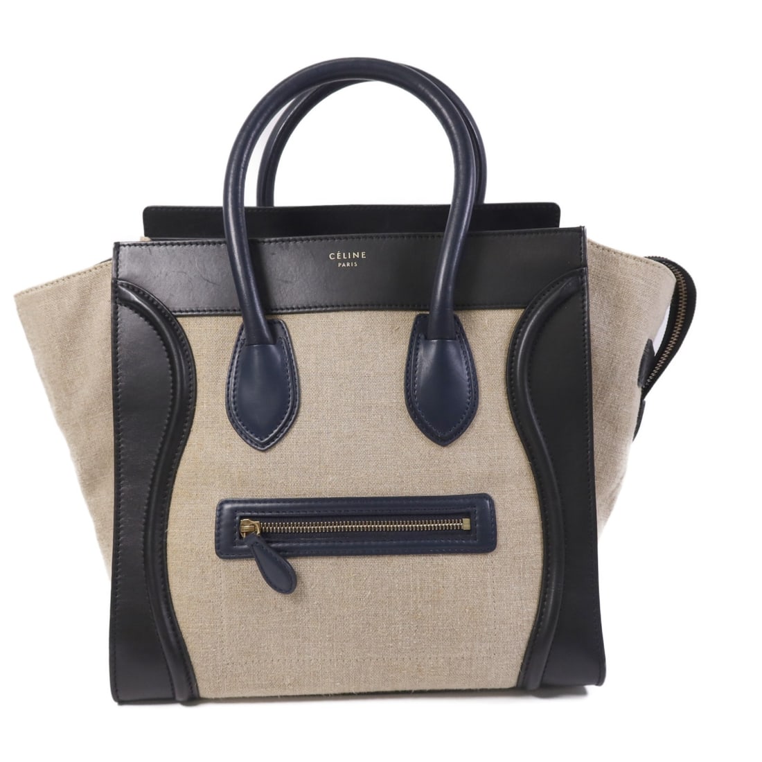 CELINE Mini Luggage Handbag Calfskin Leather Black Brown GHW: CELINE Mini Luggage Handbag Calfskin Leather Black Brown GHW Introducing the CELINE Mini Luggage Hand Bag, a stunning accessory crafted from high-quality calfskin leather and linen. This stylish handb
