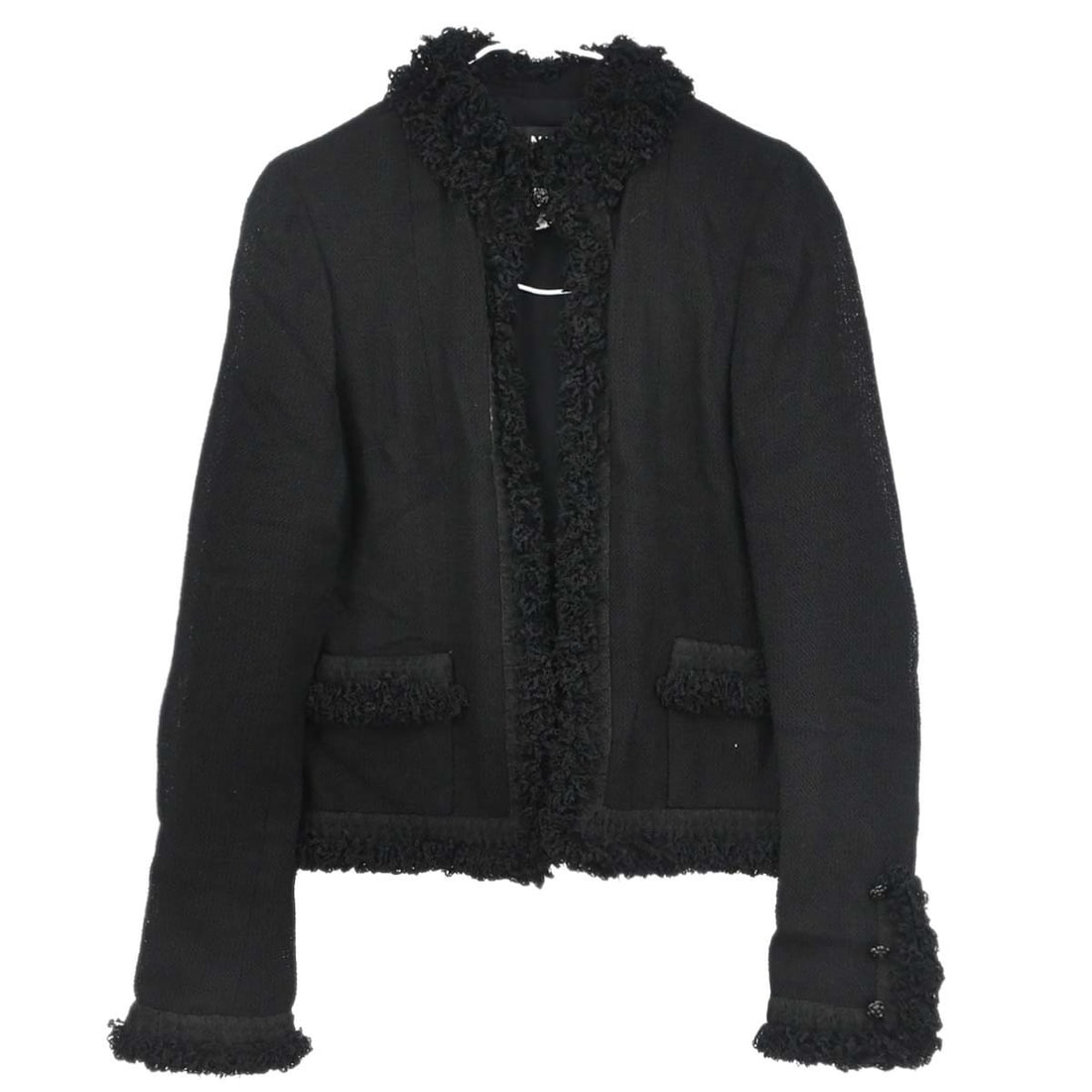 Chanel Black Wool Angora Mid-Length Collared Jacket Size 36: Chanel Black Wool Angora Mid-Length Collared Jacket Size 36 This Chanel single-breasted jacket features a mid-length design in classic black. Crafted from a luxurious blend of wool, angora, and nylon,