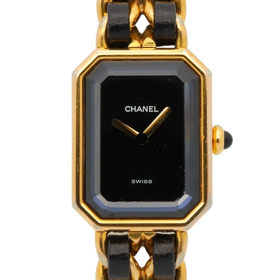 Chanel Premiere L Quartz Gold Plated Leather Ladies Watch H0001: Chanel Premiere L Quartz Gold Plated Leather Ladies Watch H0001 This Chanel Premiere L wristwatch features a gold-plated case paired with a black leather band, offering a sophisticated and timeless lo