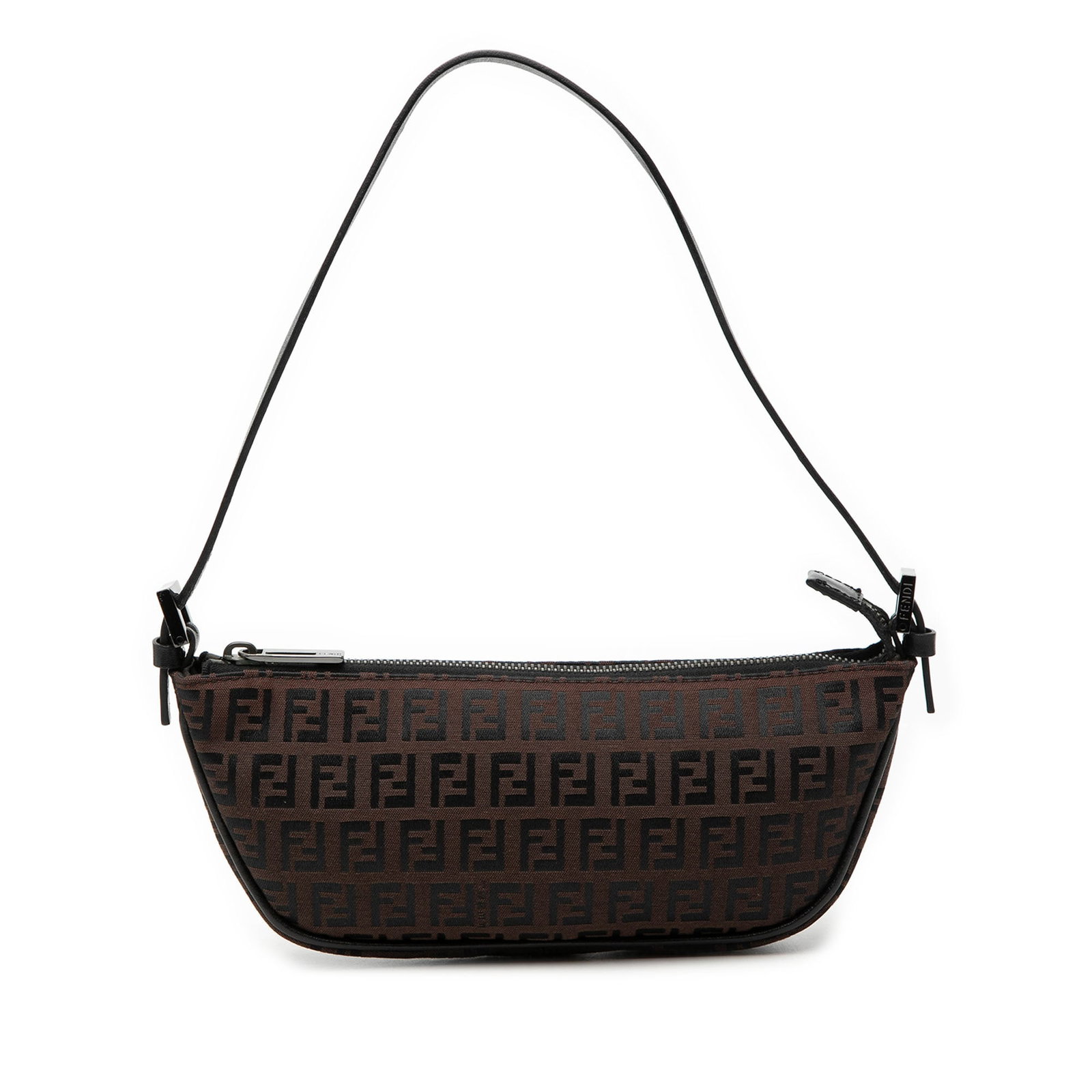 Fendi Zucchino Canvas Brown Shoulder Bag with Leather Trim: Fendi Zucchino Canvas Brown Shoulder Bag with Leather Trim This Fendi Zucchino Canvas Half Moon Pochette features a canvas body with leather trim, a flat leather strap, and a top zip closure. The bag 