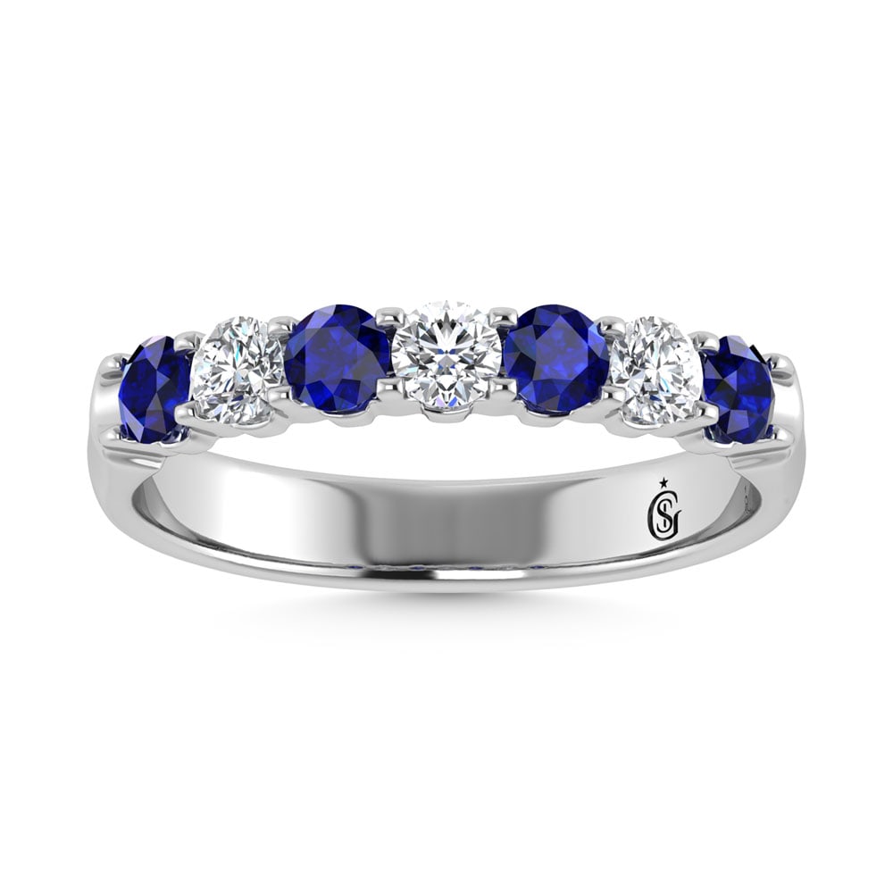 14K White Gold Machine Set Alternate Blue sapphire and Diamond 7/8 Ct.Tw. Band: 14K White Gold Machine Set Alternate Blue sapphire and Diamond 7/8 Ct.Tw. Band 14k White Gold Stone Color: G-h Stone Clarity: I2 Each ring is presented in standard size 6.5. Complimentary resizing is 