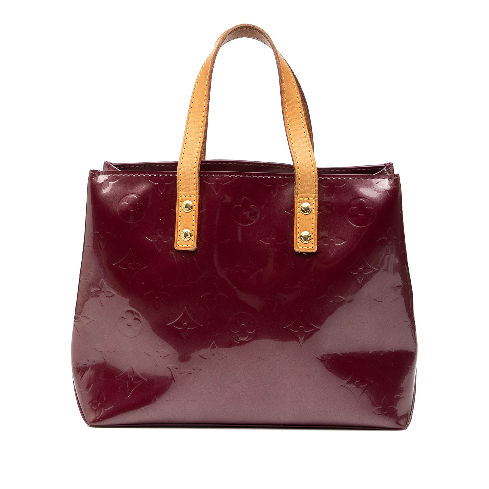 Louis Vuitton Reade PM Purple Monogram Vernis Leather Tote Bag: Louis Vuitton Reade PM Purple Monogram Vernis Leather Tote Bag This Louis Vuitton Monogram Vernis Reade PM features a monogram vernis leather body in a purple hue, complemented by flat vachetta leathe