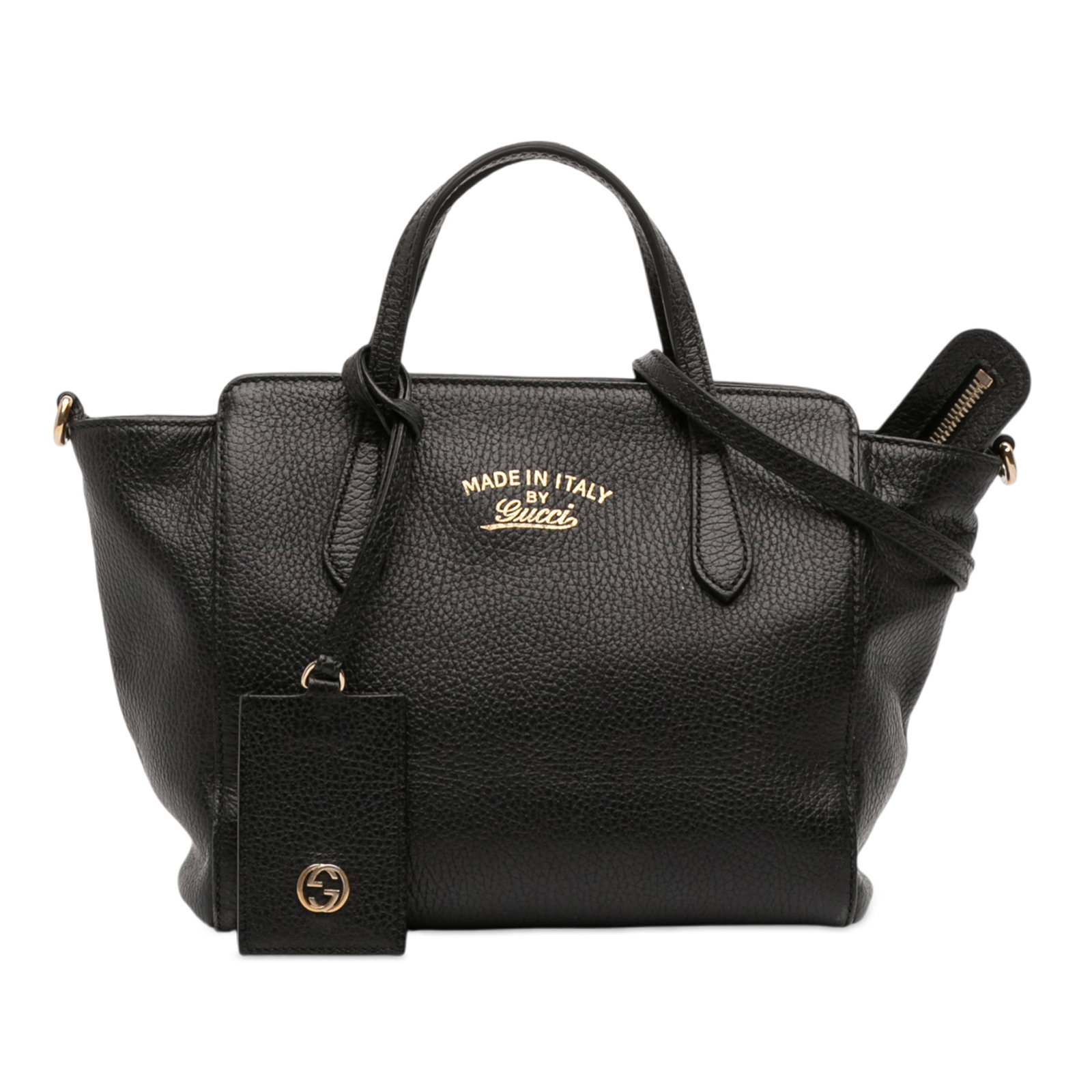 Black Leather Mini Swing Satchel Shoulder Bag by Gucci: Black Leather Mini Swing Satchel Shoulder Bag by Gucci This Gucci Mini Leather Swing Satchel features a black leather body with flat leather handles and a detachable, adjustable shoulder strap. It is 