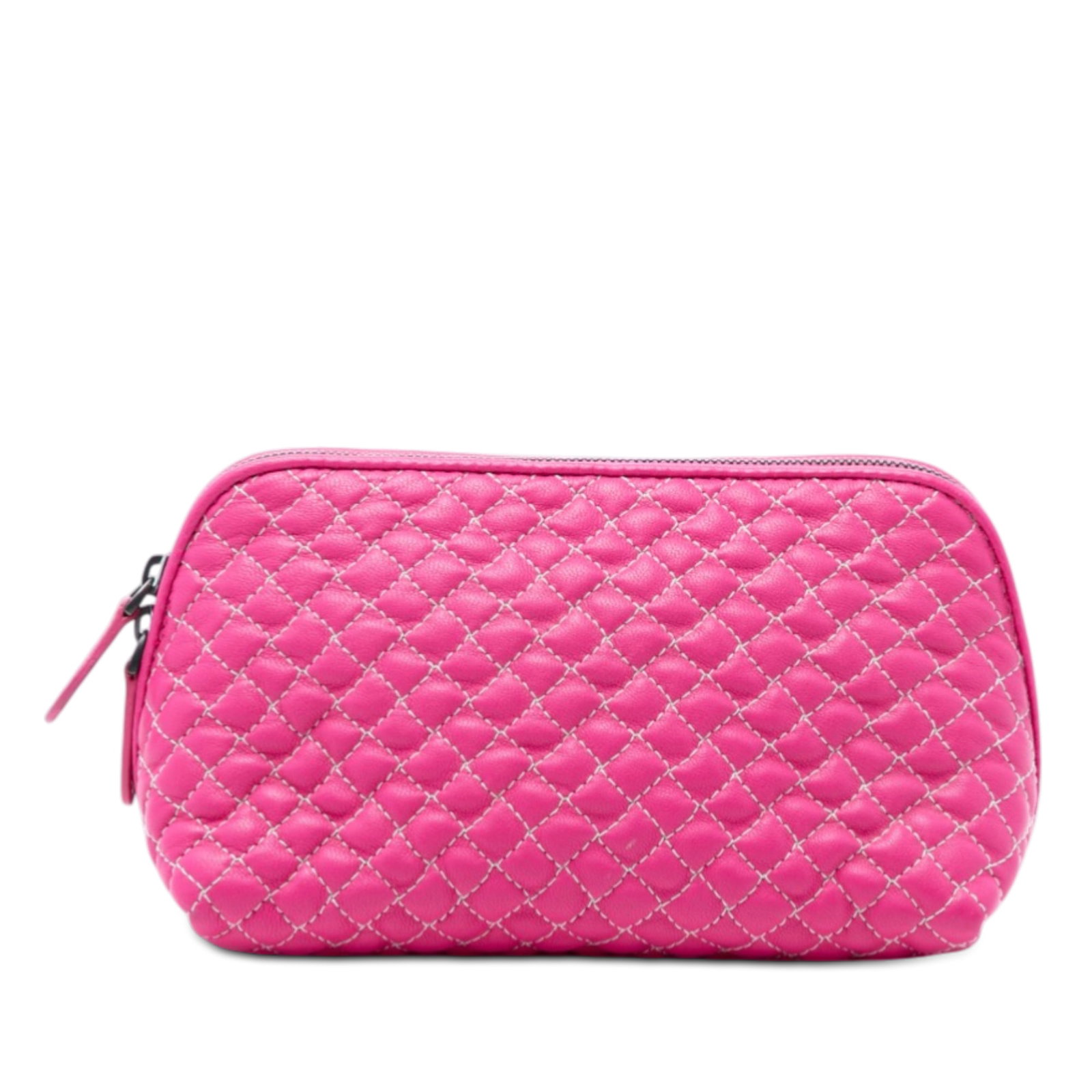Pink Quilted Nappa Leather Zip Pouch by Bottega Veneta: Pink Quilted Nappa Leather Zip Pouch by Bottega Veneta This Bottega Veneta pouch features a quilted nappa leather exterior, a top zip closure, and an interior slip pocket. The pouch is crafted in Ital