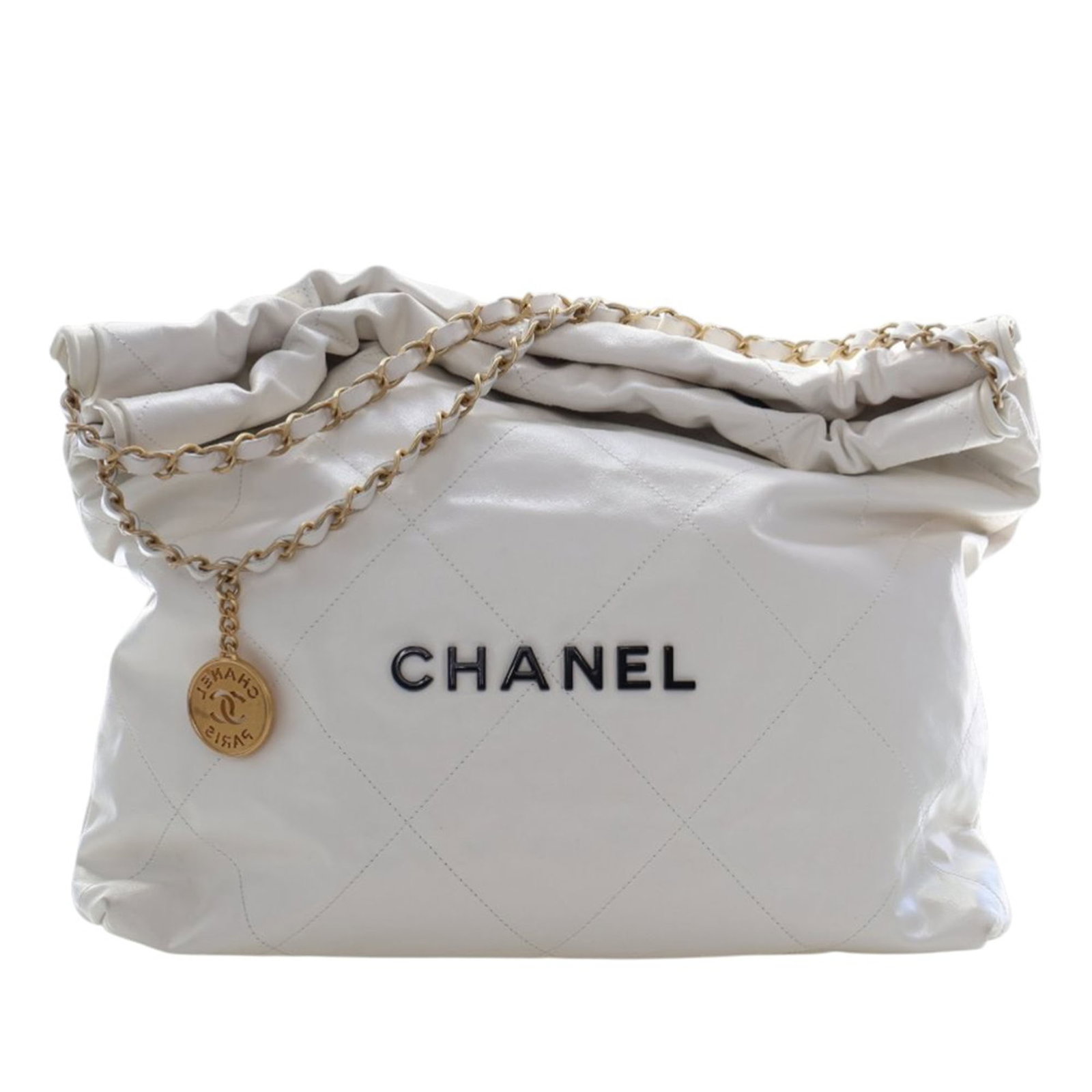 White Chanel 22 Large Hobo Quilted Calfskin Shoulder Bag: White Chanel 22 Large Hobo Quilted Calfskin Shoulder Bag This Chanel Large Shiny Calfskin 22 Hobo bag showcases a quilted calfskin leather exterior in white, complemented by leather-woven chain-link s