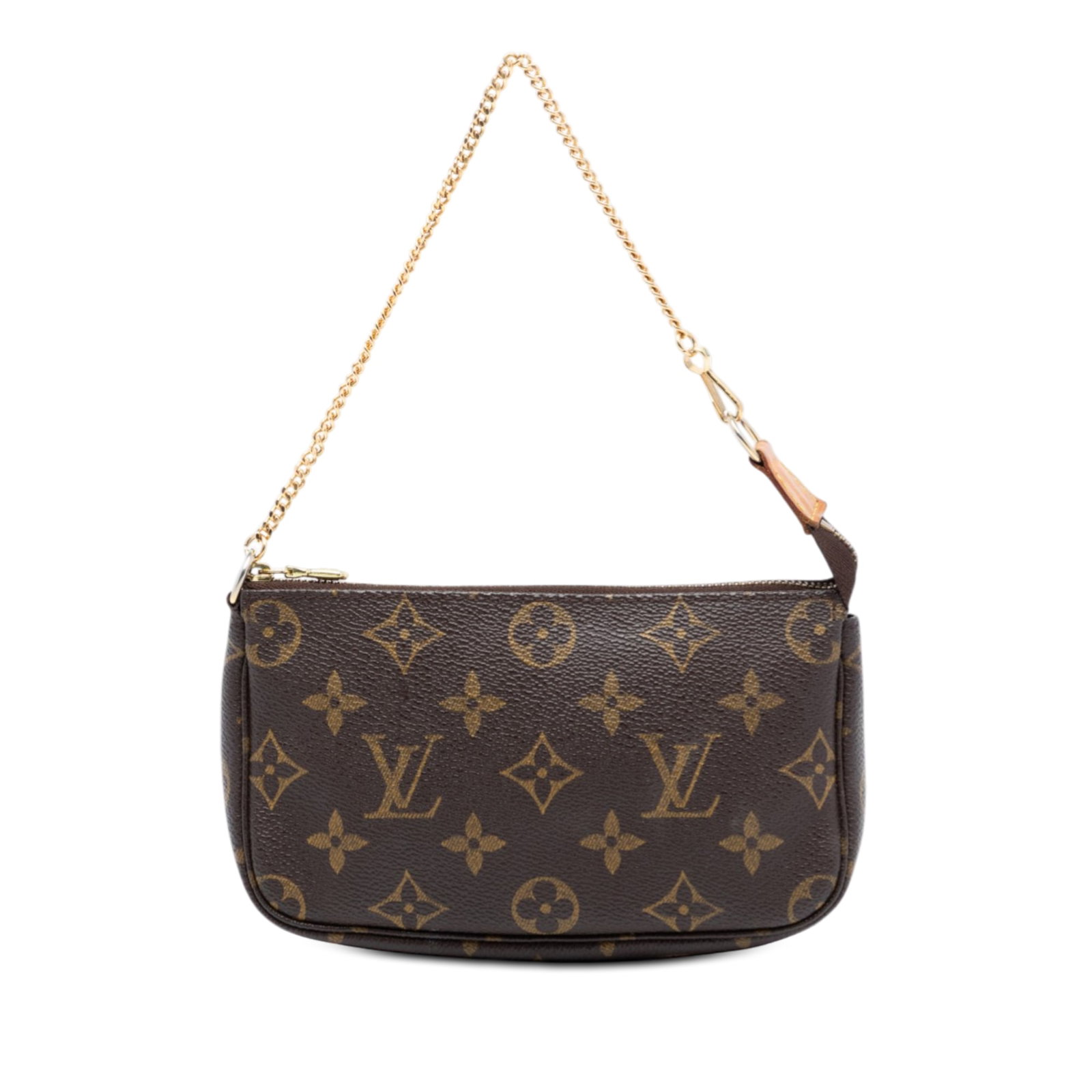 Louis Vuitton Brown Monogram Canvas Mini Pochette With Gold Chain Handle: Louis Vuitton Brown Monogram Canvas Mini Pochette With Gold Chain Handle The Louis Vuitton Monogram Mini Pochette Accessoires showcases the iconic monogram canvas body accented with a gold-tone chain 