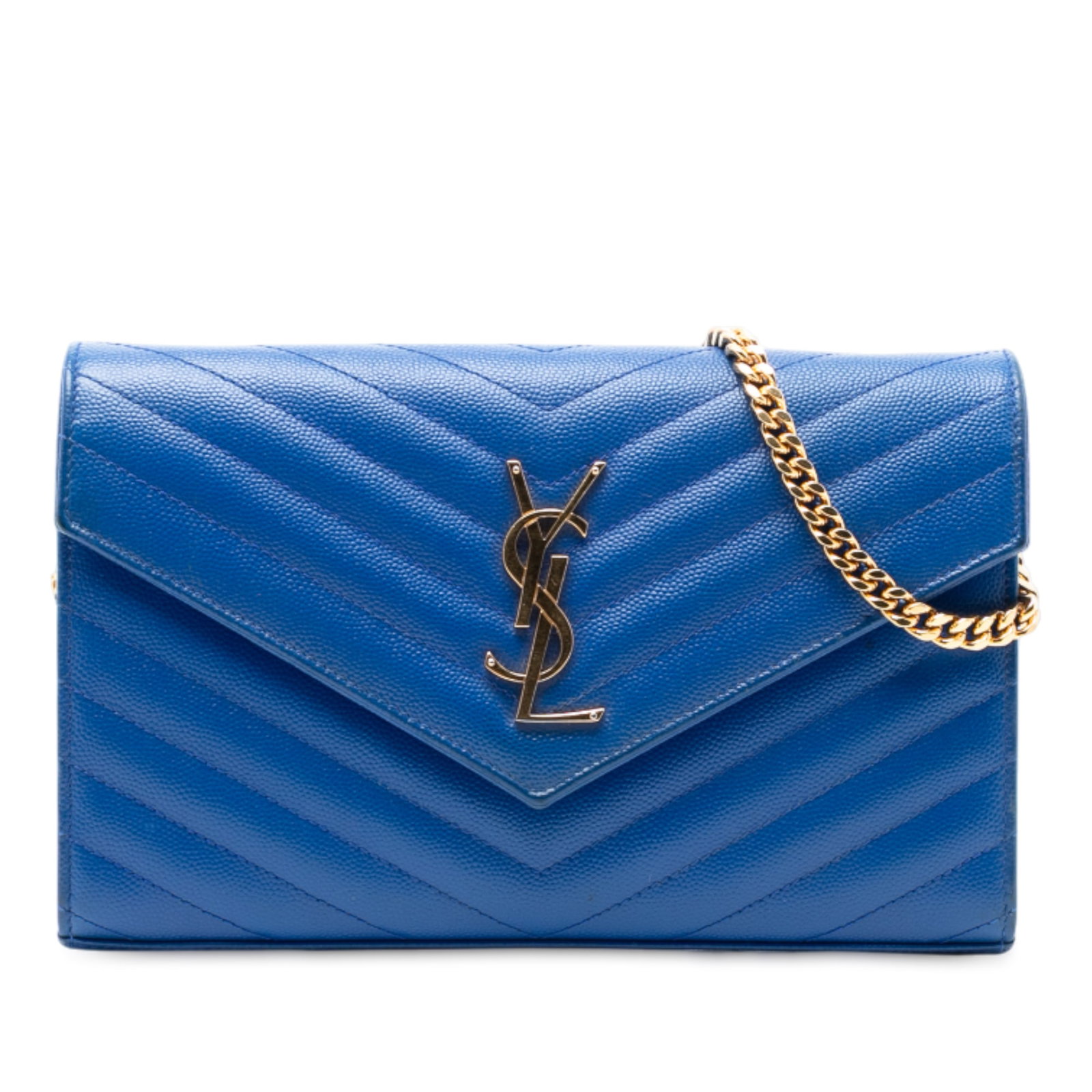 Saint Laurent Chevron Leather Envelope Wallet on Chain with Monogram: Saint Laurent Chevron Leather Envelope Wallet on Chain with Monogram This Saint Laurent Grain De Poudre Chevron Monogram Envelope Chain Wallet features a blue leather body with a chevron pattern, a de