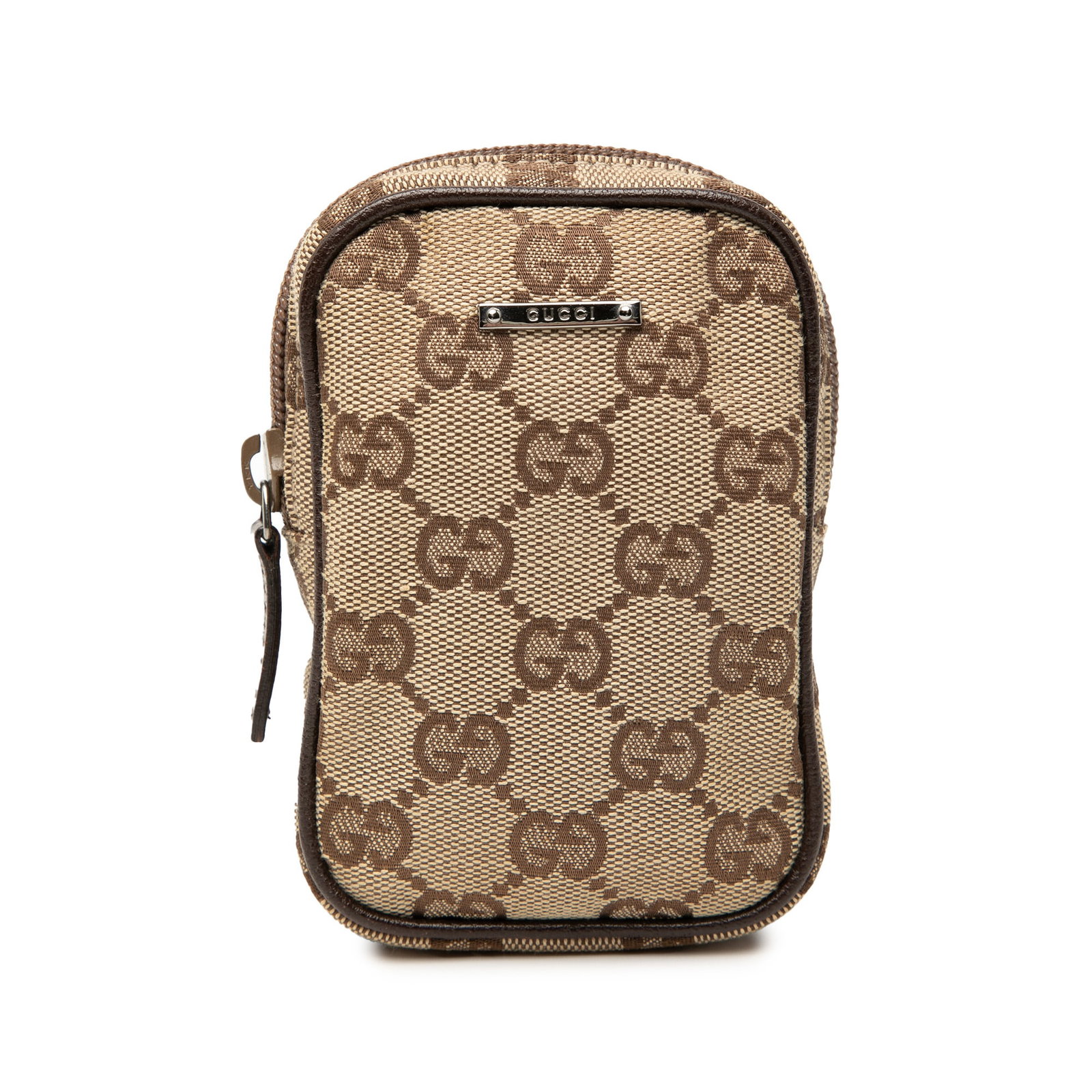 Beige GG Canvas Small Pouch with Leather Trim by Gucci: Beige GG Canvas Small Pouch with Leather Trim by Gucci This Gucci GG Canvas Cigarette Pouch features a beige fabric body with leather trim and a top zip closure. The pouch shows signs of wear and stai