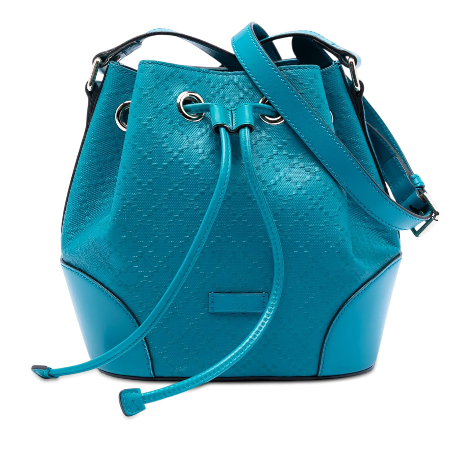 Gucci Bright Diamante Embossed Leather Blue Bucket Shoulder Bag: Gucci Bright Diamante Embossed Leather Blue Bucket Shoulder Bag This Gucci Diamante Leather Bright Bucket Bag features an embossed leather exterior in blue, an adjustable flat leather shoulder strap, 