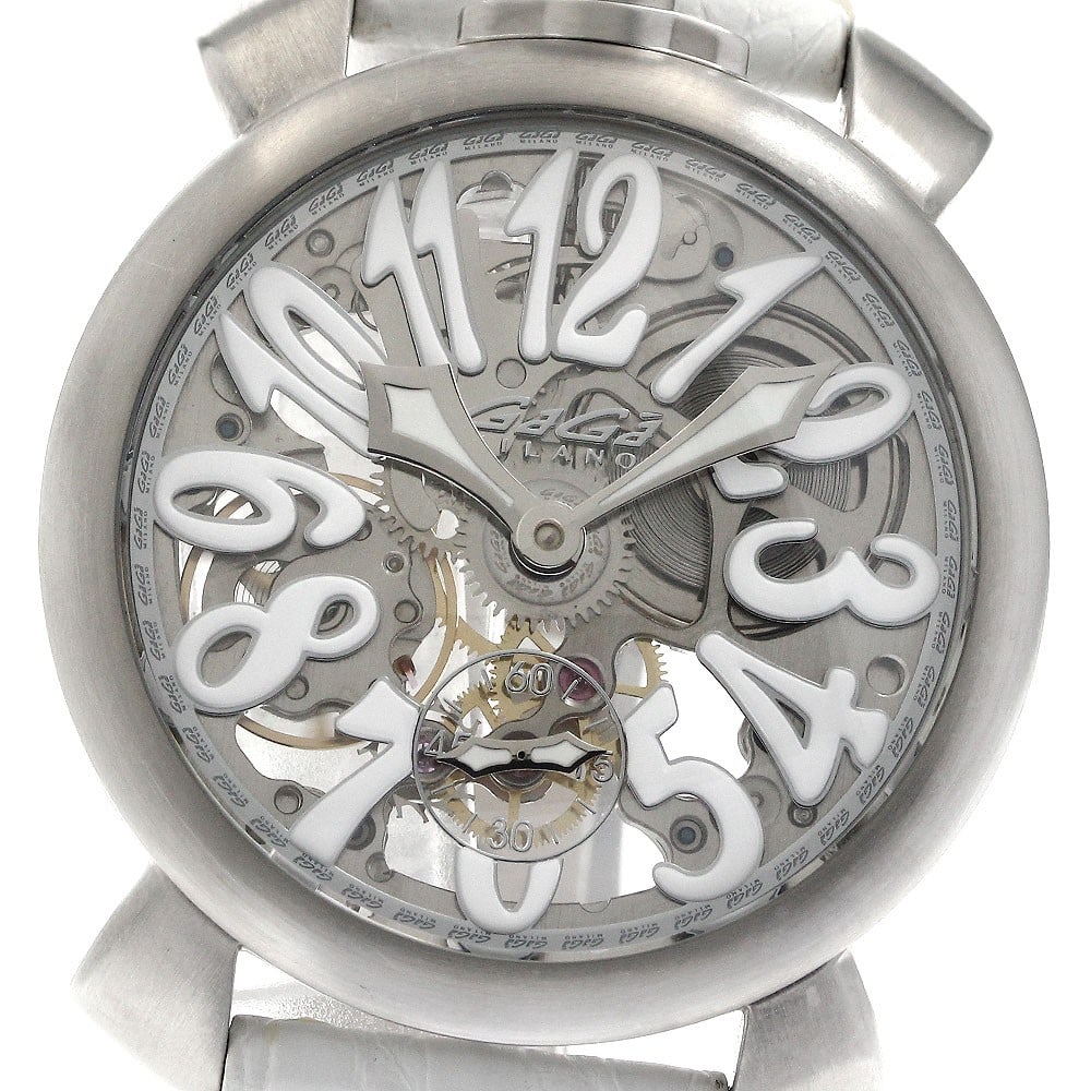 GaGa Milano Manuale 48mm Skeleton Manual Wind Watch: GaGa Milano Manuale 48mm Skeleton Manual Wind Watch This GaGa MILANO Manuale 48mm men's wristwatch features a stainless steel case and a leather bracelet. The skeleton dial offers a distinctive look, 