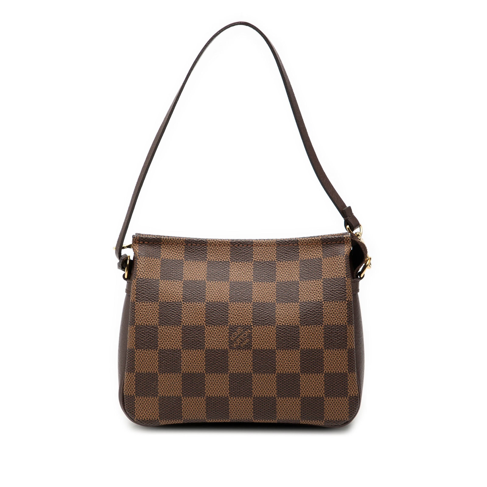 Damier Ebene Canvas Trousse Pochette Bag with Leather Trim by Louis Vuitton: Damier Ebene Canvas Trousse Pochette Bag with Leather Trim by Louis Vuitton This Louis Vuitton Trousse Pochette features the signature Damier Ebene canvas with leather trim, a flat leather strap, and 