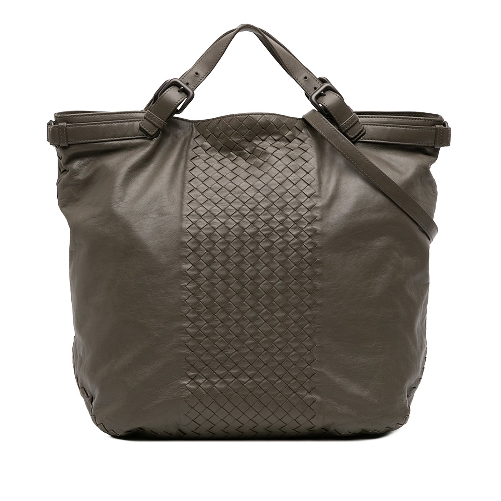 Bottega Veneta Brown Nappa Leather Satchel with Woven Intrecciato Trim: Bottega Veneta Brown Nappa Leather Satchel with Woven Intrecciato Trim This Bottega Veneta Intrecciato Trimmed Nappa Satchel features a nappa leather body with woven trim, adjustable flat leather hand