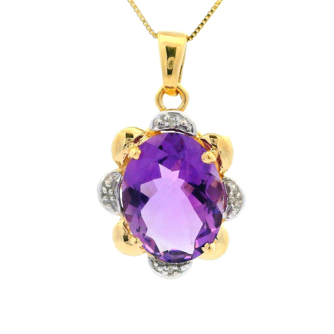 14k Gold Amethyst Diamond Pendant Necklace 18" Oval Design: 14k Gold Amethyst Diamond Pendant Necklace 18" Oval Design This exquisite pendant necklace features a stunning large oval amethyst, measuring approximately 16.0 x 12.04mm, set in solid 14k yellow gold