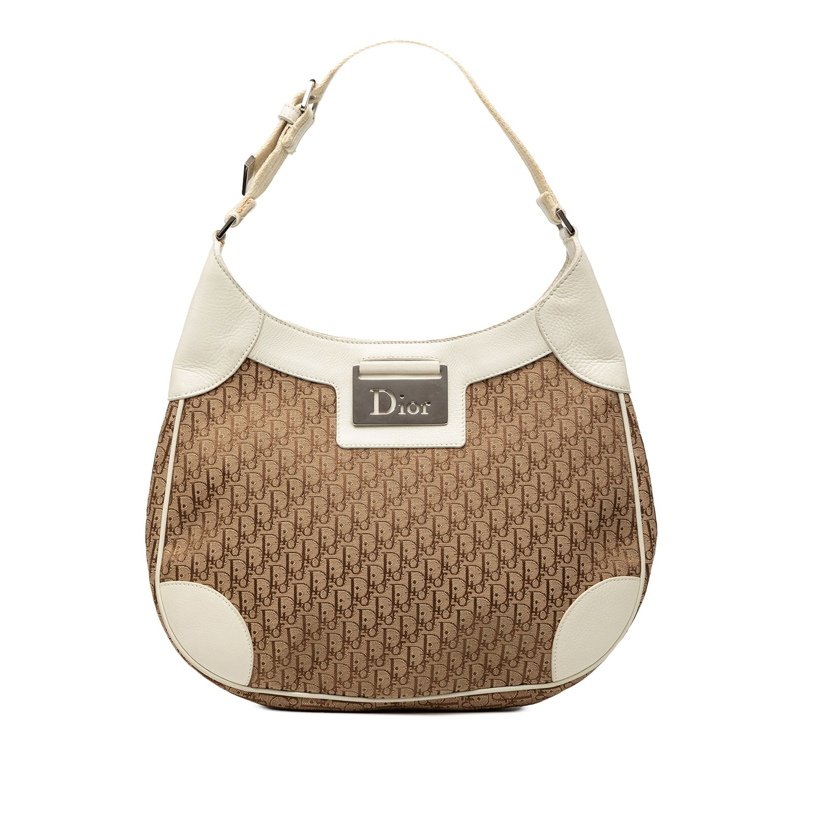 Dior Diorissimo Trotter Canvas Beige Shoulder Bag with Leather Trim: Dior Diorissimo Trotter Canvas Beige Shoulder Bag with Leather Trim This Diorissimo Trotter Canvas Street Chic Shoulder Bag features a beige canvas body with leather trim, a flat leather strap, an ope