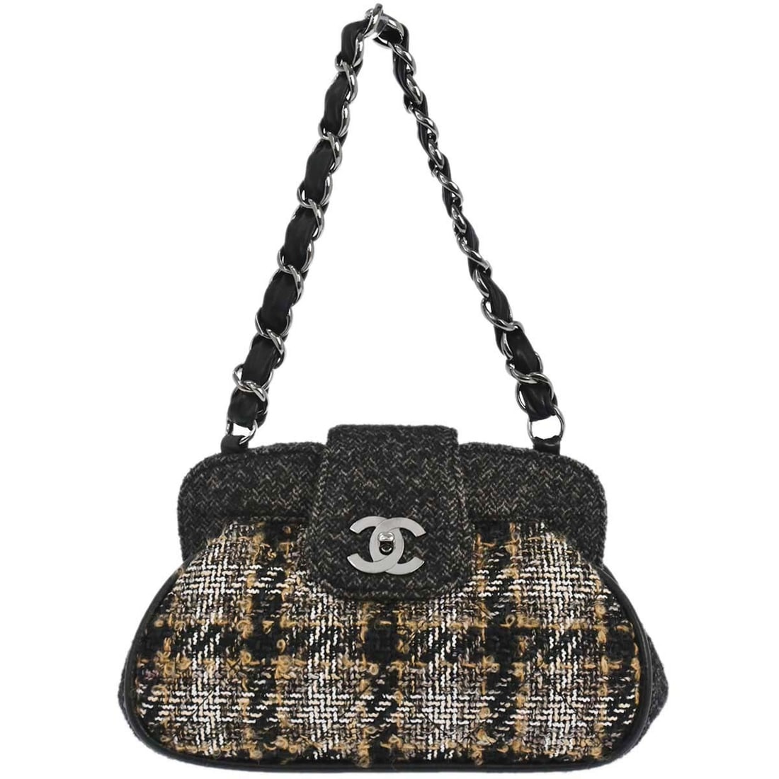 Chanel Medium Gray Wool Top Handle Bag for Women: Chanel Medium Gray Wool Top Handle Bag for Women This Chanel top handle bag is crafted from gray wool and features a medium-sized silhouette. Designed for women, the bag offers a sophisticated style w
