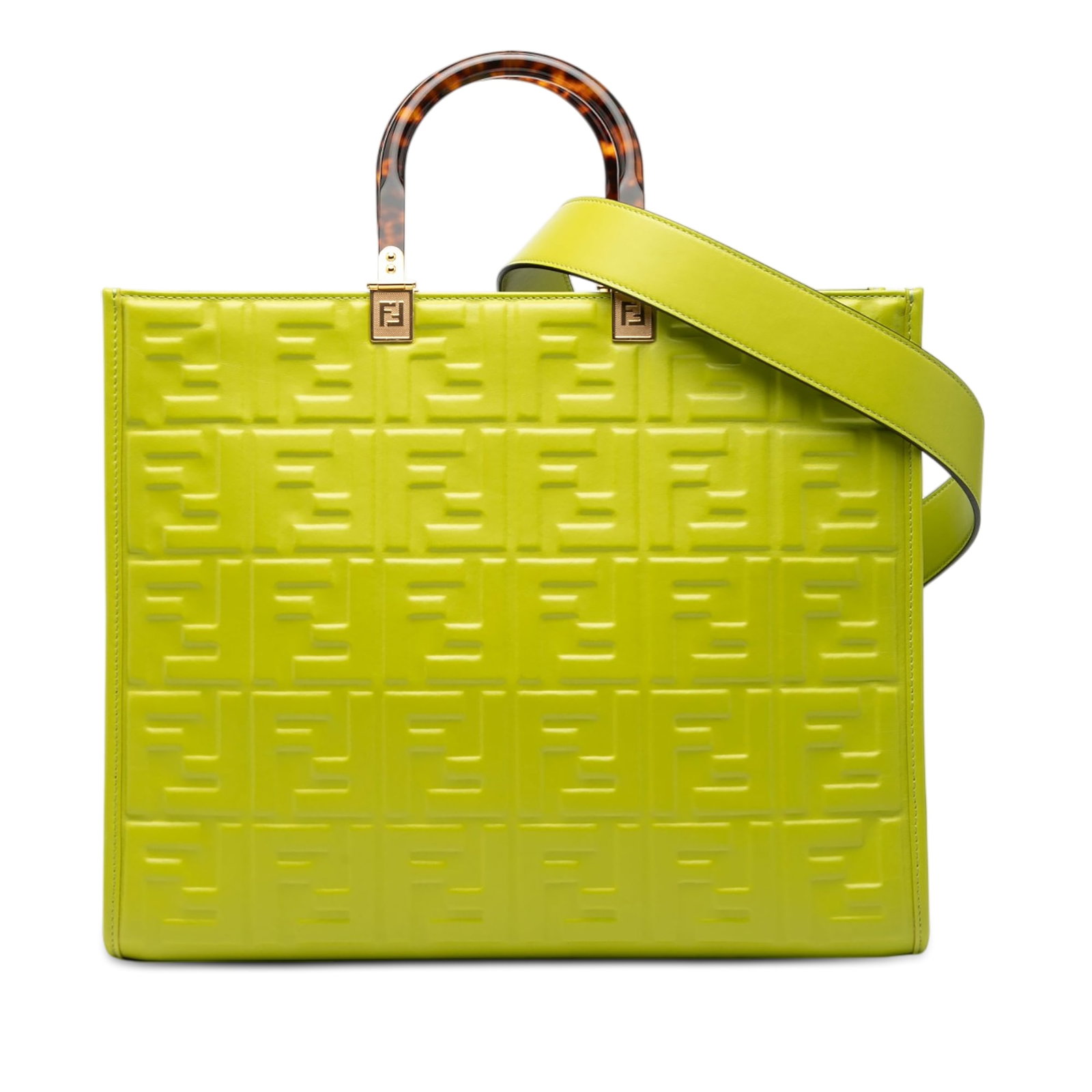 Fendi Sunshine Shopper Tote Medium Green Embossed Leather with Acrylic Handles: Fendi Sunshine Shopper Tote Medium Green Embossed Leather with Acrylic Handles This Fendi Medium Zucca Embossed Leather Sunshine Shopper Tote features a green embossed leather exterior with rolled acr