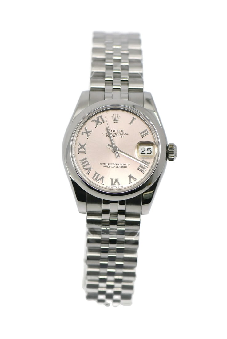 Rolex Datejust 31mm Pink Dial Automatic Wristwatch with Box: Rolex Datejust 31mm Pink Dial Automatic Wristwatch with Box This pre-owned Rolex Datejust wristwatch features a 31 mm polished stainless steel case with a matching stainless steel band. The watch disp