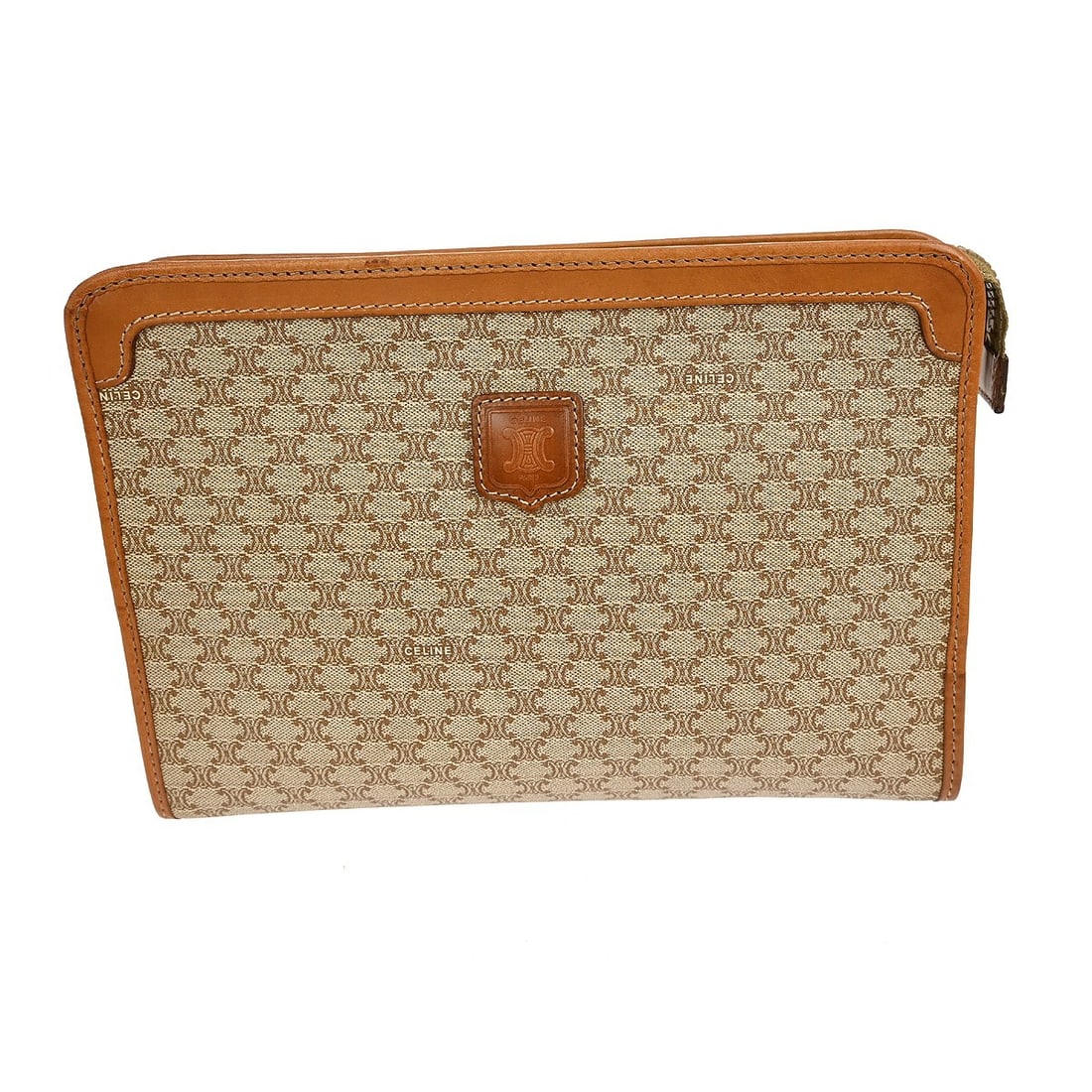 Celine Macadam Beige Zipper Clutch Bag: Celine Macadam Beige Zipper Clutch Bag This CELINE Macadam clutch bag features a beige PVC leather exterior with the iconic Macadam pattern and logo accents. Designed for casual occasions, it has a sm