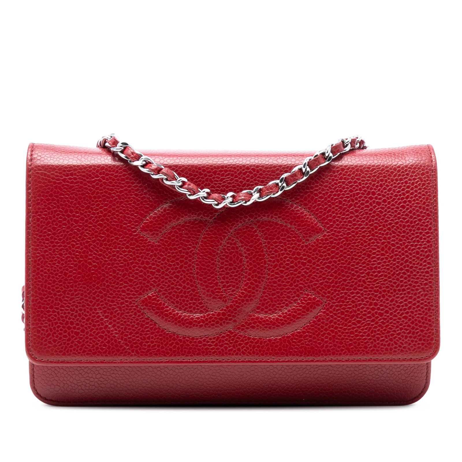 Chanel Caviar Leather Wallet on Chain with CC Logo and Strap: Chanel Caviar Leather Wallet on Chain with CC Logo and Strap This Chanel CC Caviar Wallet On Chain showcases a red caviar leather body with a signature leather-woven chain link strap and a top flap fe