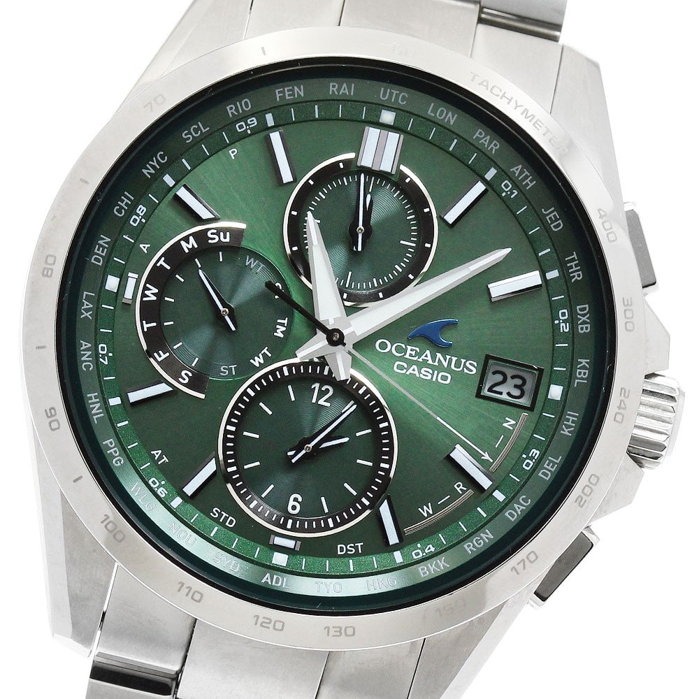 CASIO Oceanus Classic Line Titanium Solar Radio Watch Green Dial OCW-T2600SG-3AJR: CASIO Oceanus Classic Line Titanium Solar Radio Watch Green Dial OCW-T2600SG-3AJR This Casio Oceanus Classic Line men's wristwatch, model OCW-T2600SG-3AJR, features a titanium case and band with a gre