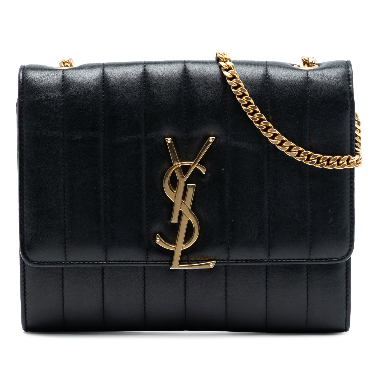 Saint Laurent Vicky Quilted Lambskin Chain Wallet Black Leather: Saint Laurent Vicky Quilted Lambskin Chain Wallet Black Leather This Saint Laurent Vicky Chain Wallet showcases a quilted leather exterior in black, complemented by a chain link strap with a leather g