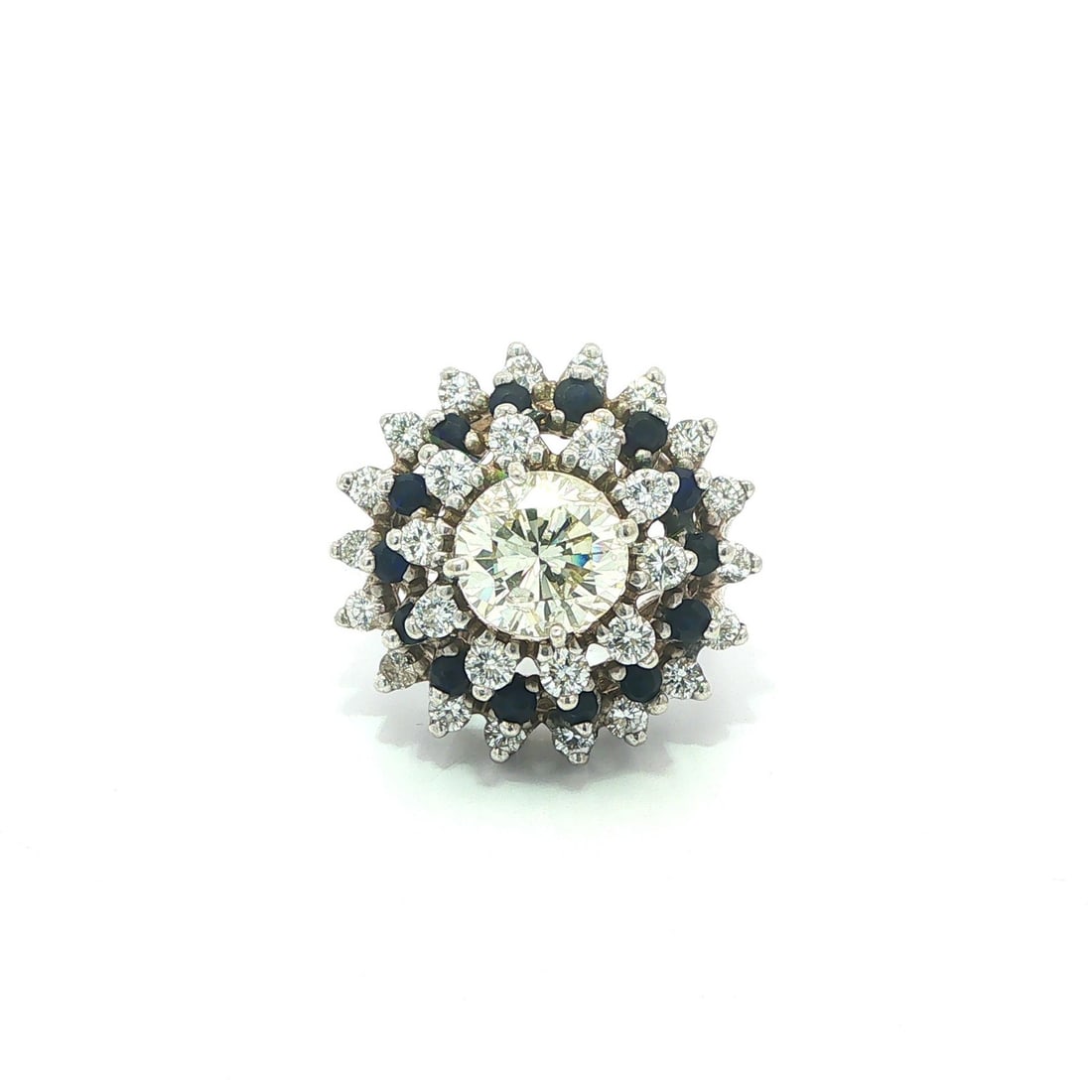 Vintage 14k White Gold Sapphire Diamond Cocktail Ring Size 5: Vintage 14k White Gold Sapphire Diamond Cocktail Ring Size 5 This vintage mid-century cocktail ring features a striking tiered cluster waterfall design. Crafted from solid 14k white gold, the ring is 