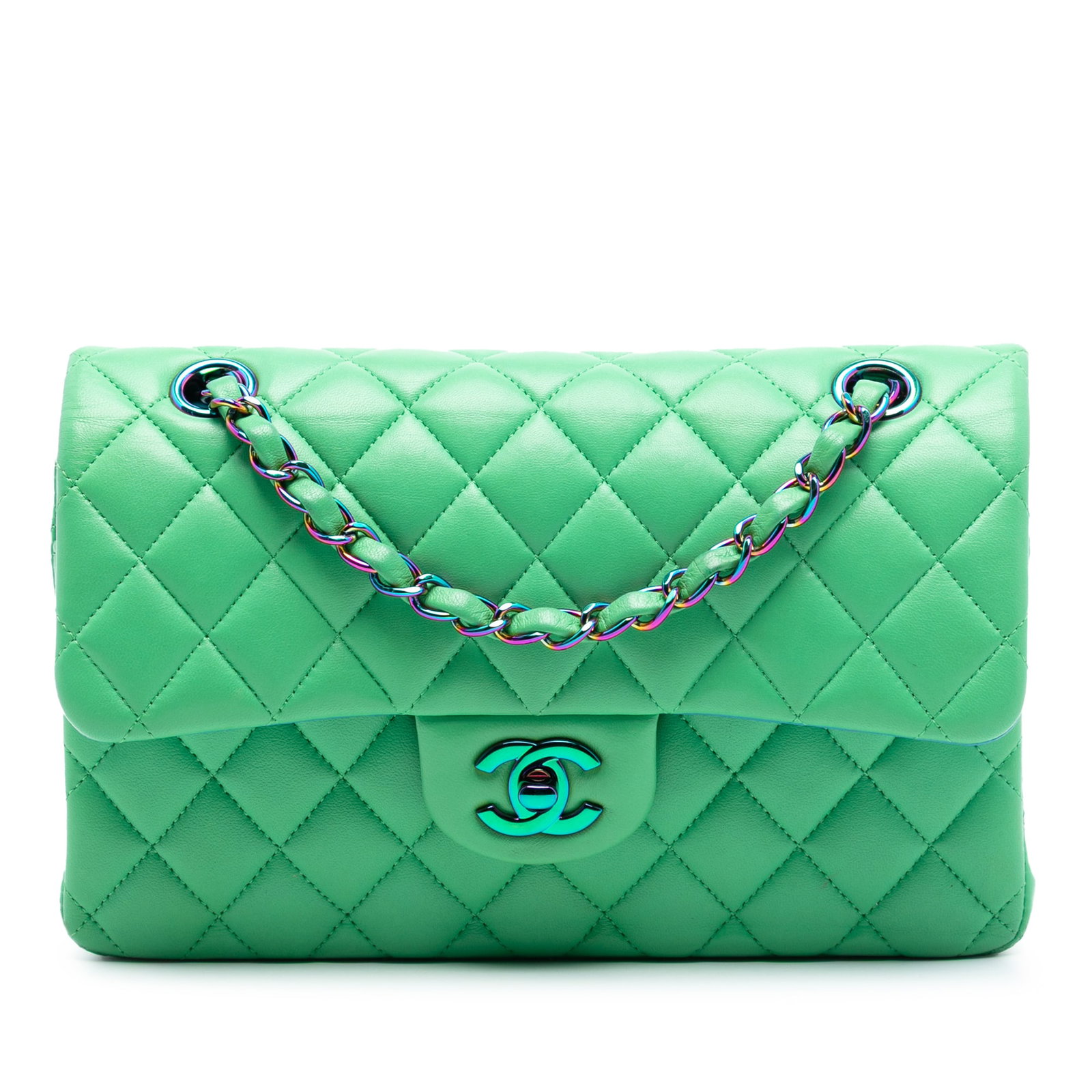 Chanel Small Classic Double Flap Lambskin Bag with Rainbow Hardware: Chanel Small Classic Double Flap Lambskin Bag with Rainbow Hardware This Chanel Small Classic Lambskin Double Flap shoulder bag features a quilted green leather body with distinctive rainbow hardware.