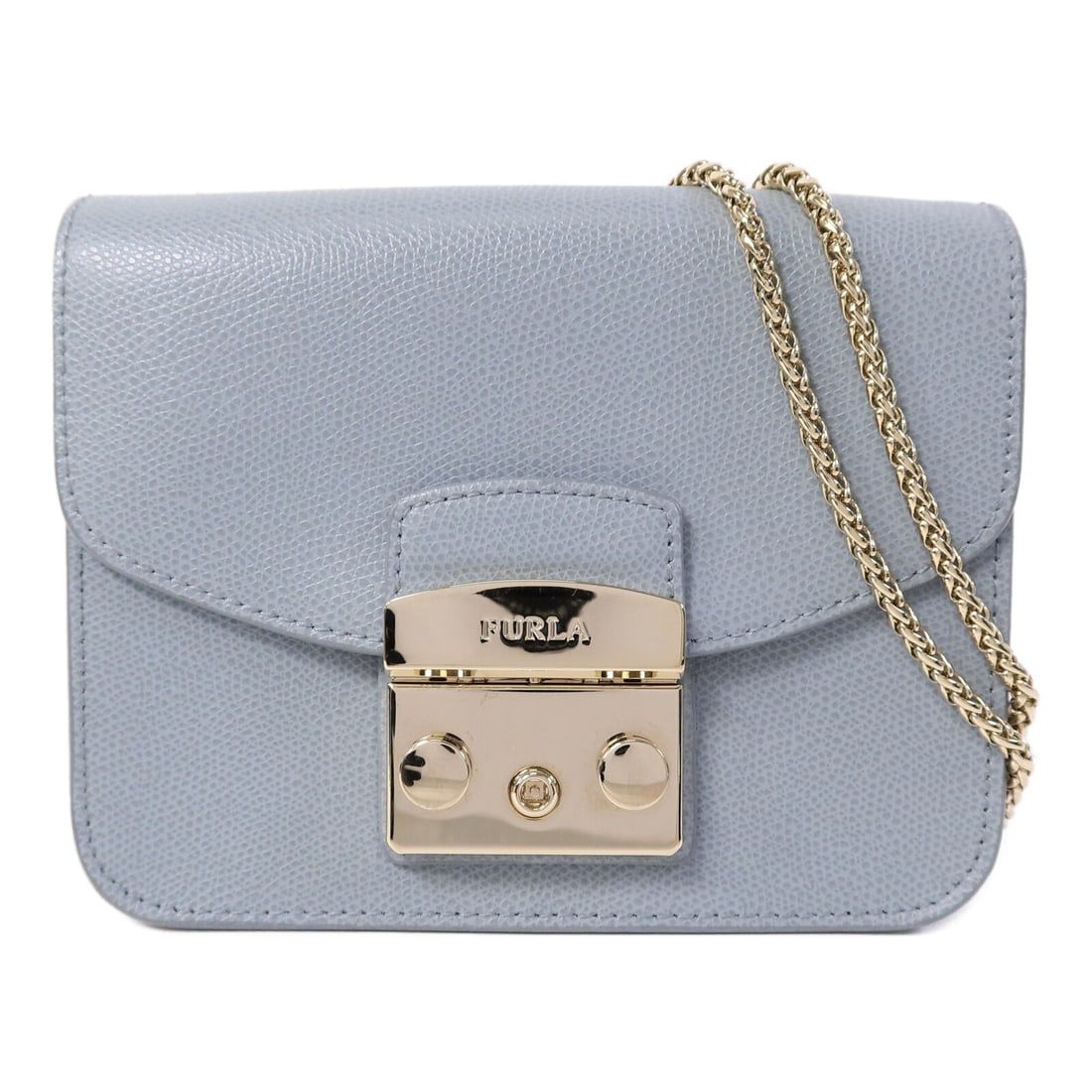 Furla Blue Calfskin Shoulder Bag GHW Chain: Furla Blue Calfskin Shoulder Bag GHW Chain This Furla shoulder bag is crafted from blue calfskin leather and features gold-tone chain hardware. Designed for women, the bag offers a compact silhouette 