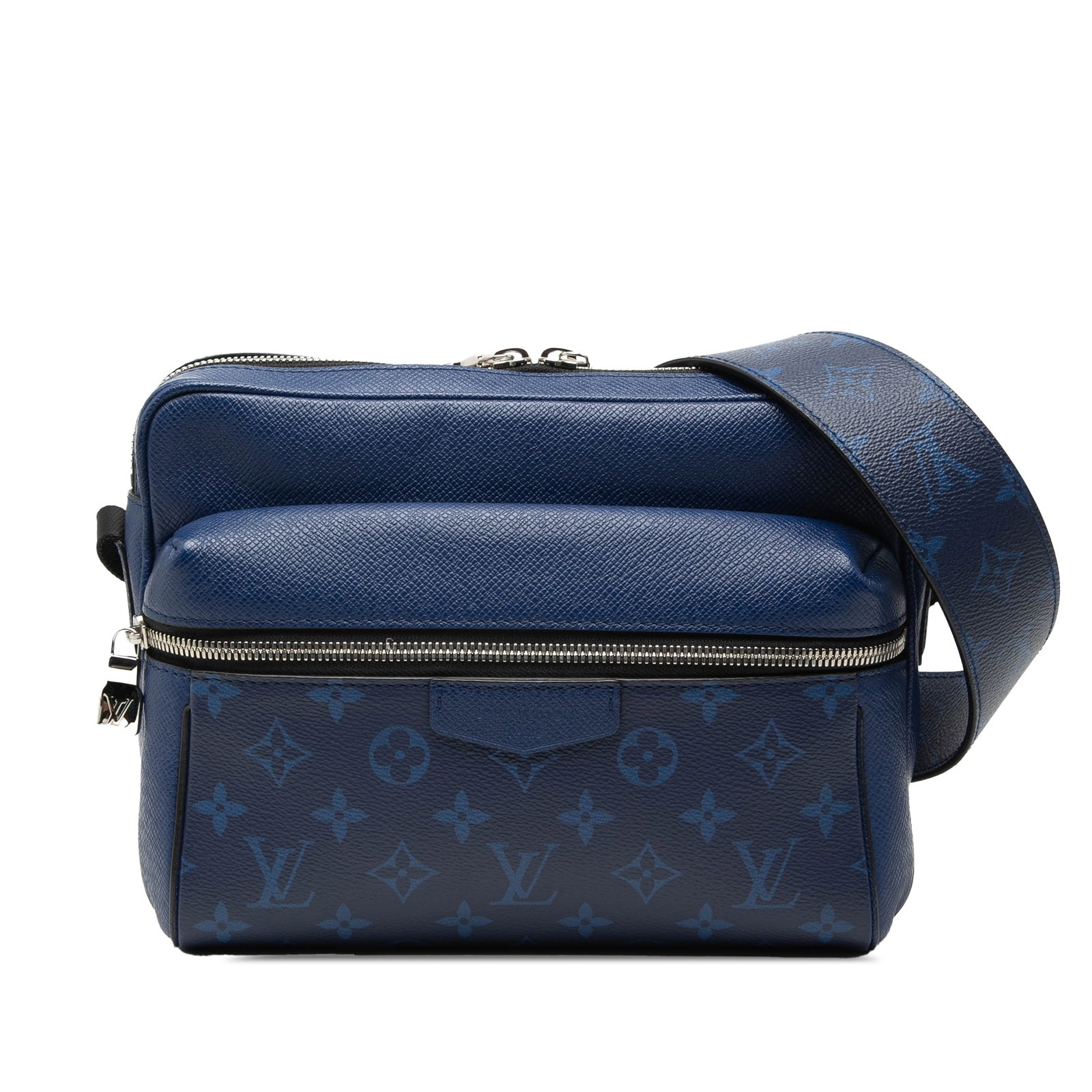 Louis Vuitton Blue Monogram Taigarama Leather Messenger Bag: Louis Vuitton Blue Monogram Taigarama Leather Messenger Bag This Louis Vuitton Monogram Taigarama Outdoor Messenger bag combines blue monogram canvas with taiga leather. It features an adjustable flat