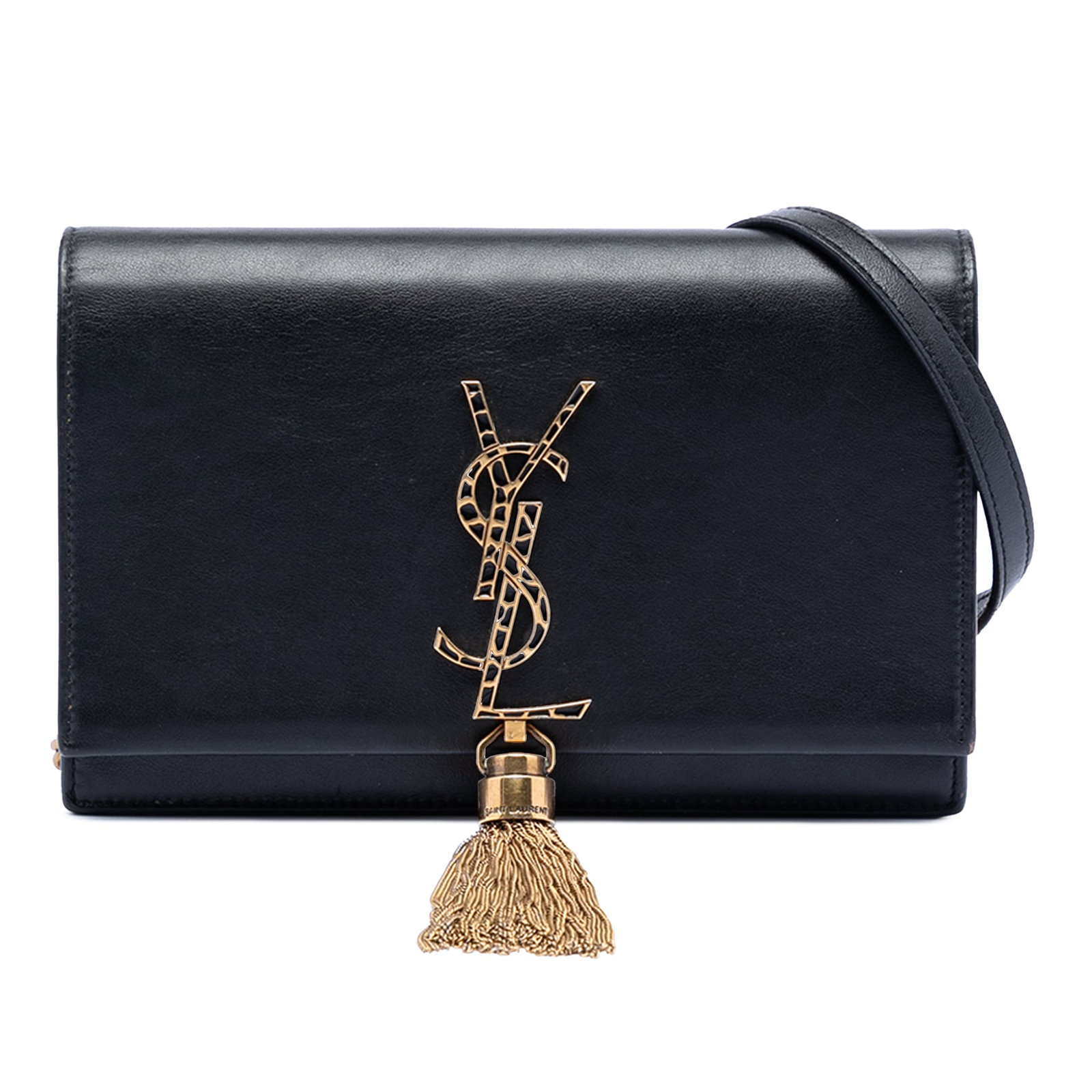 Saint Laurent Kate Black Leather Wallet on Chain with Gold Tassel: Saint Laurent Kate Black Leather Wallet on Chain with Gold Tassel This Saint Laurent Kate Tassel Wallet on Chain features a black leather body with a signature enameled monogram detail and a decorativ
