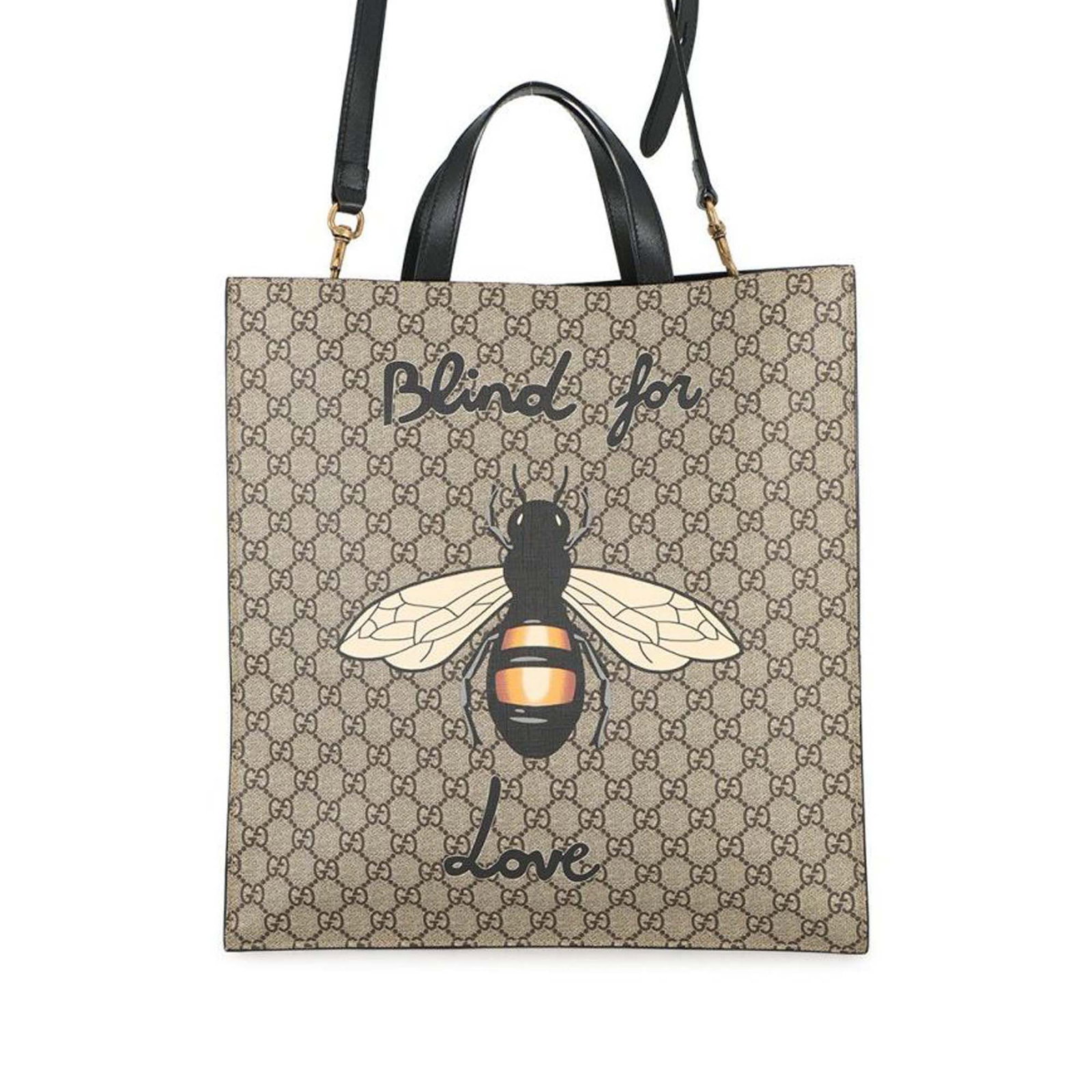 Gucci Beige GG Supreme Blind For Love Canvas Satchel with Leather Handles: Gucci Beige GG Supreme Blind For Love Canvas Satchel with Leather Handles This Gucci GG Supreme Blind For Love Satchel features a coated canvas exterior with flat leather handles, a detachable leather