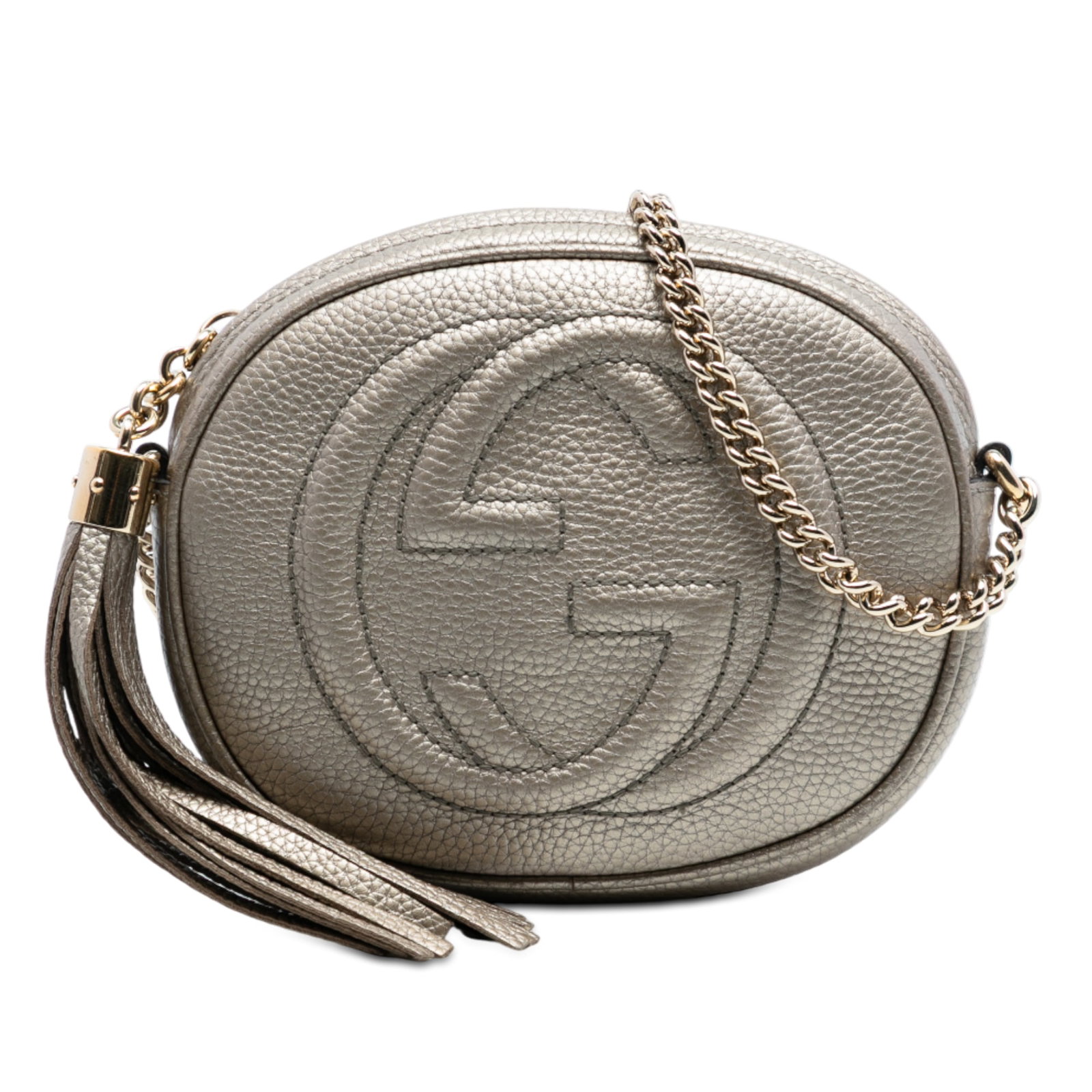 Gucci Soho Mini Silver Leather Chain Strap Crossbody Bag: Gucci Soho Mini Silver Leather Chain Strap Crossbody Bag This Gucci Mini Metallic Pebbled Calfskin Soho Chain Crossbody features a metallic leather exterior in silver, a signature tassel detail, chain