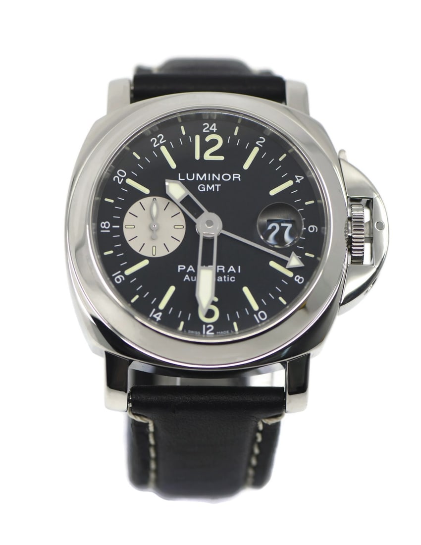 Panerai Luminor GMT 44mm Stainless Steel Automatic Wristwatch: Panerai Luminor GMT 44mm Stainless Steel Automatic Wristwatch This Panerai Luminor GMT wristwatch features a 44 mm stainless steel case paired with a black analog dial. Designed for men, it is powered