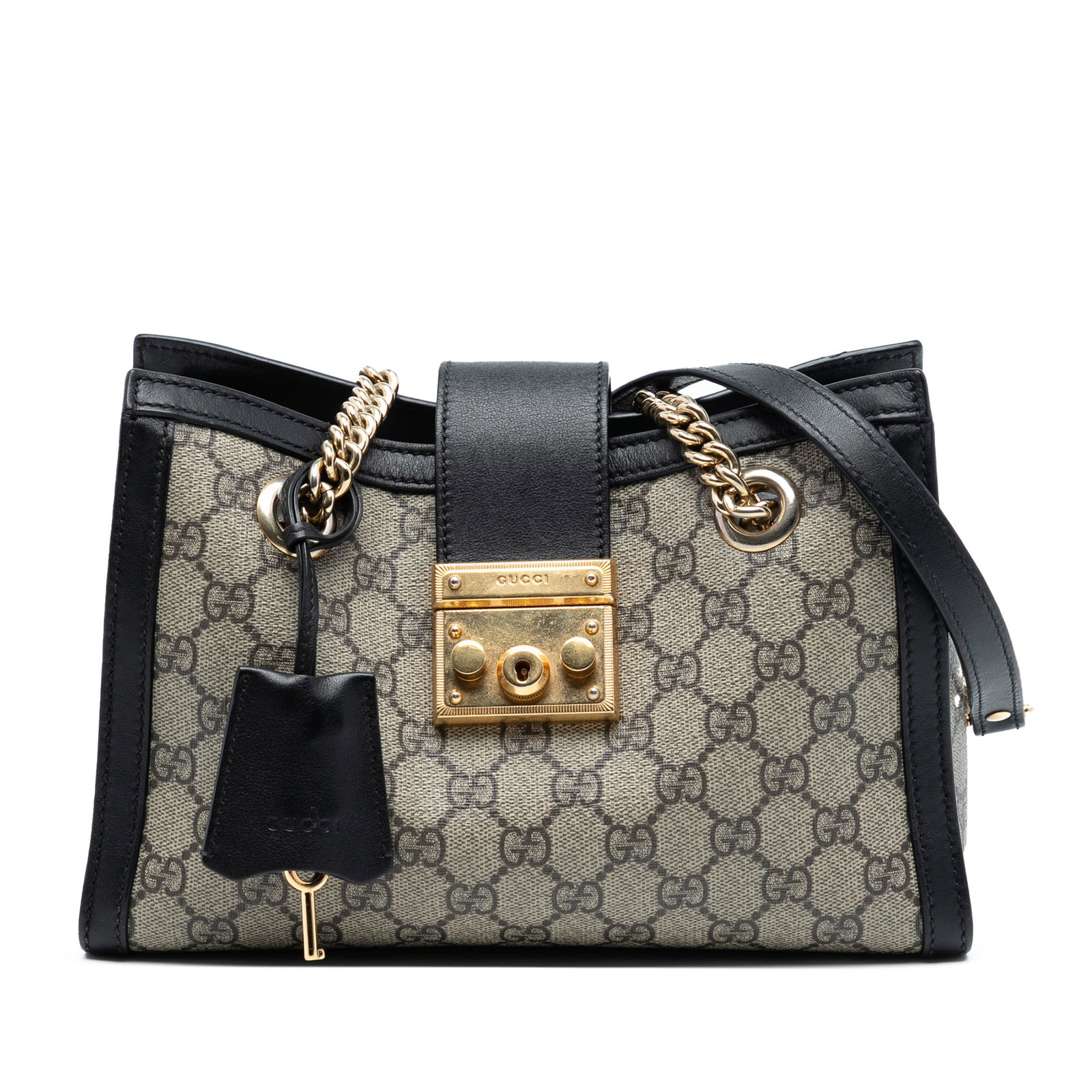 Gucci Padlock Small GG Supreme Tote Bag with Chain Shoulder Straps: Gucci Padlock Small GG Supreme Tote Bag with Chain Shoulder Straps This Gucci Small GG Supreme Padlock Tote features a coated canvas body with leather trim, chain-link and leather shoulder straps, an 