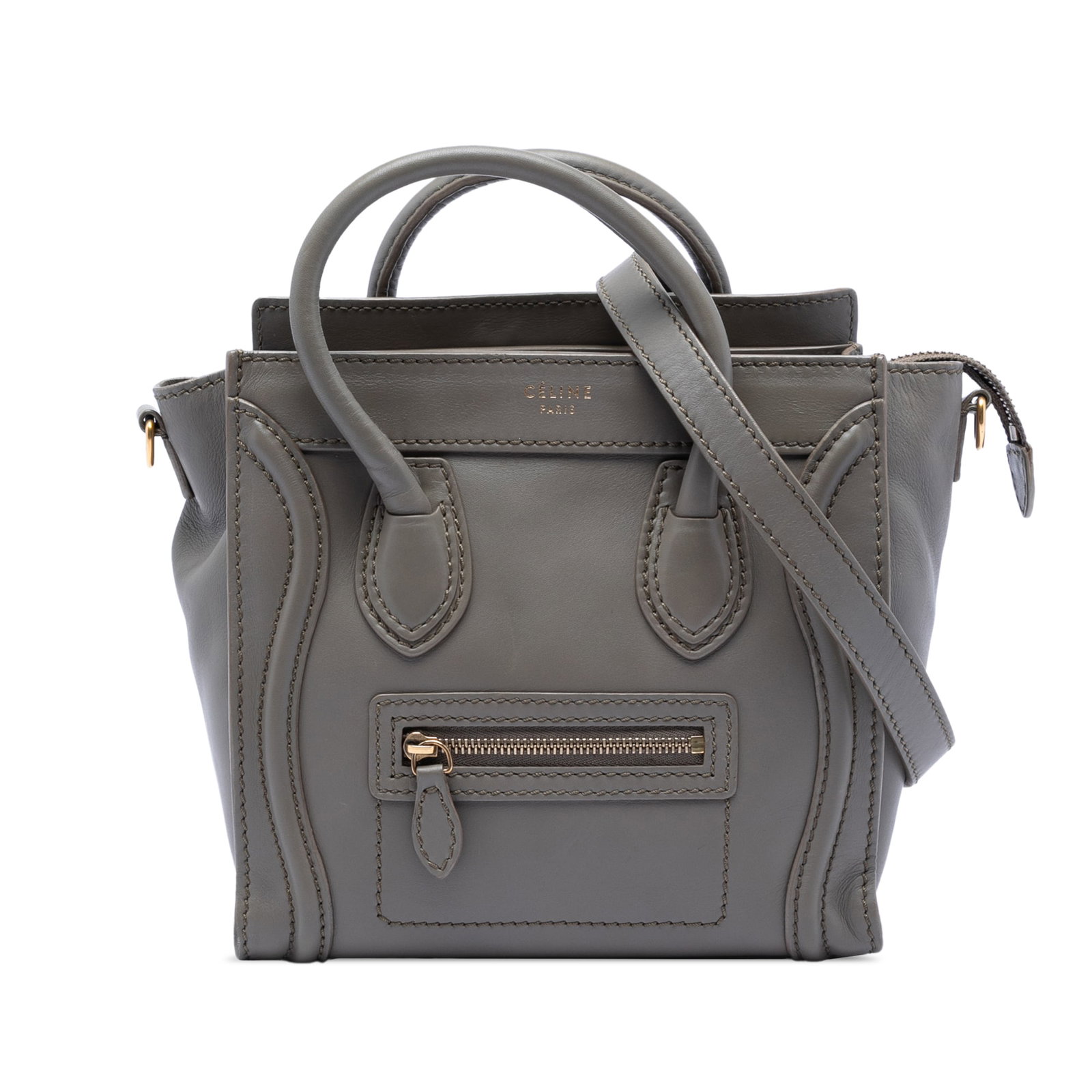 Celine Nano Luggage Tote Gray Leather Handbag with Strap: Celine Nano Luggage Tote Gray Leather Handbag with Strap This Celine Nano Leather Luggage Tote features a leather body with rolled leather handles, a detachable flat strap, top zip closure, exterior f