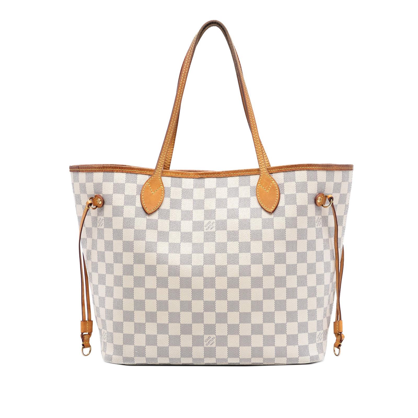 Neverfull MM Tote in Damier Azur Canvas with Vachetta Leather Trim: Neverfull MM Tote in Damier Azur Canvas with Vachetta Leather Trim This Louis Vuitton Damier Azur Neverfull MM features a damier azur canvas body with vachetta leather trim and flat vachetta leather h