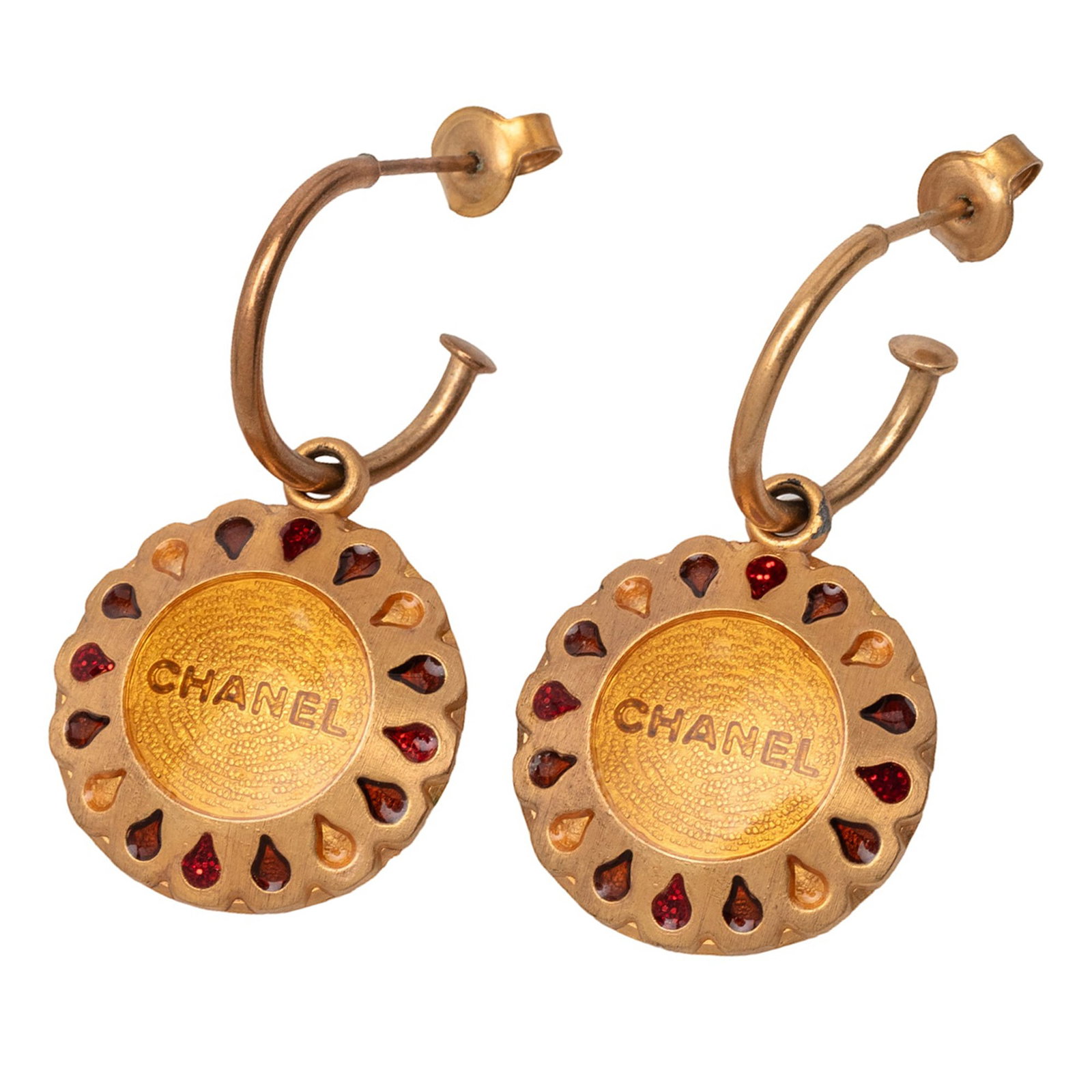 Chanel Enamel Scalloped Round Logo Earrings Gold Tone Metal Push Back: Chanel Enamel Scalloped Round Logo Earrings Gold Tone Metal Push Back These Chanel earrings feature a gold tone metal body with enamel logo details and a round scalloped swing design. They are equippe