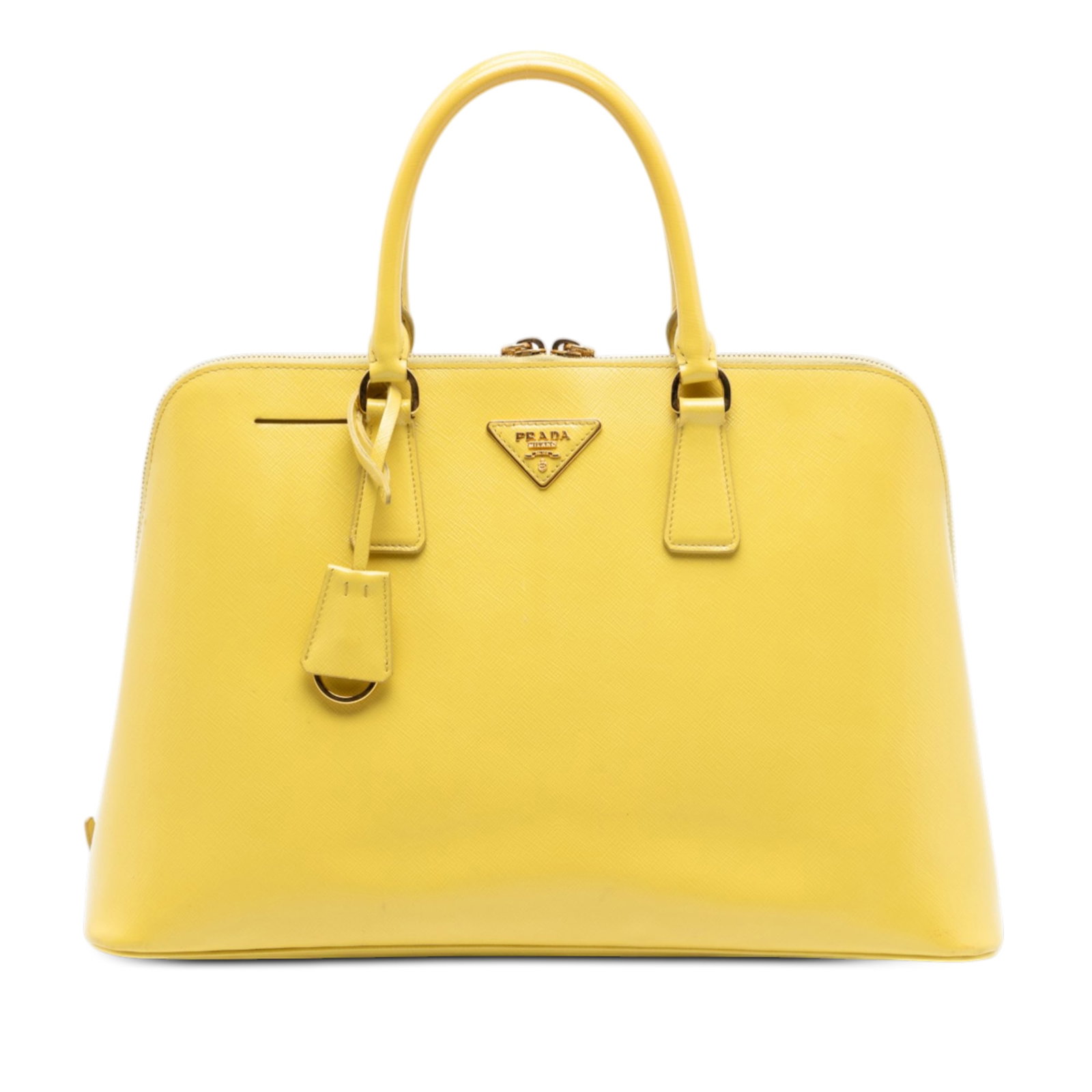 Yellow Saffiano Leather Promenade Satchel by Prada Large Size: Yellow Saffiano Leather Promenade Satchel by Prada Large Size This Prada Large Saffiano Lux Promenade Satchel features a structured silhouette crafted from saffiano lux leather in yellow. It is design