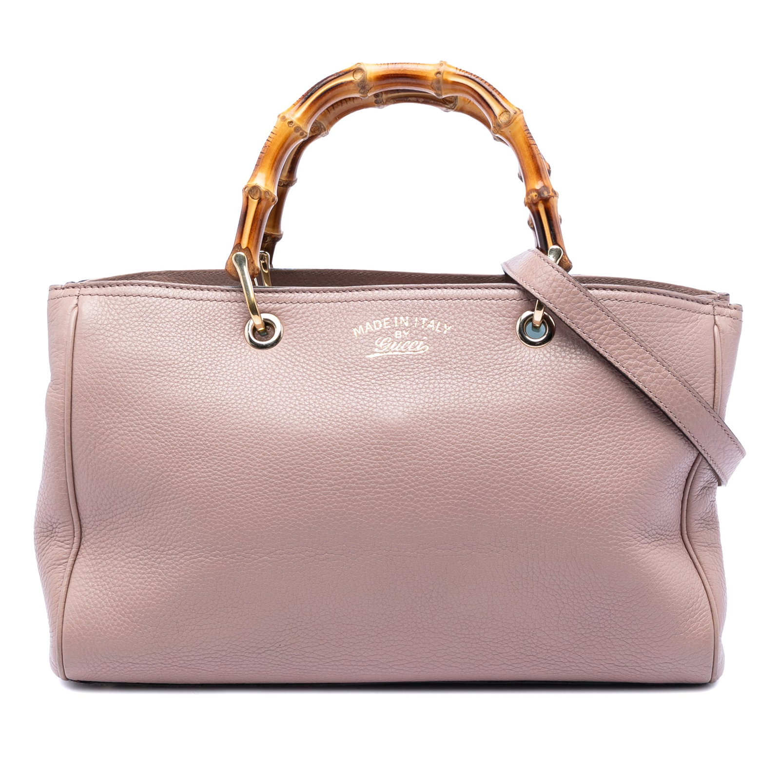 Gucci Bamboo Shopper Pink Leather Medium Satchel with Detachable Strap: Gucci Bamboo Shopper Pink Leather Medium Satchel with Detachable Strap This Gucci Medium Calfskin Bamboo Shopper Satchel features a pink leather body with distinctive bamboo top handles, a detachable 