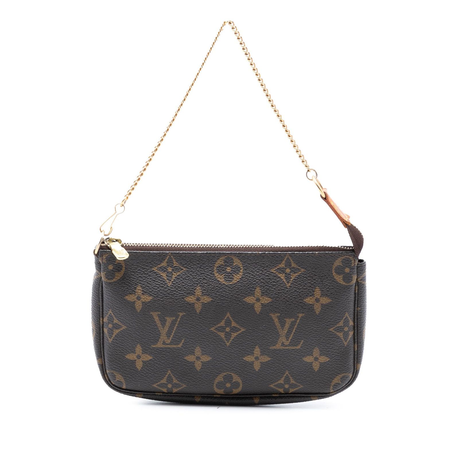Louis Vuitton Brown Monogram Canvas Mini Pochette Bag with Chain Strap: Louis Vuitton Brown Monogram Canvas Mini Pochette Bag with Chain Strap The Louis Vuitton Monogram Mini Pochette Accessoires features a monogram canvas body, a gold-tone chain strap, and a top zip clos