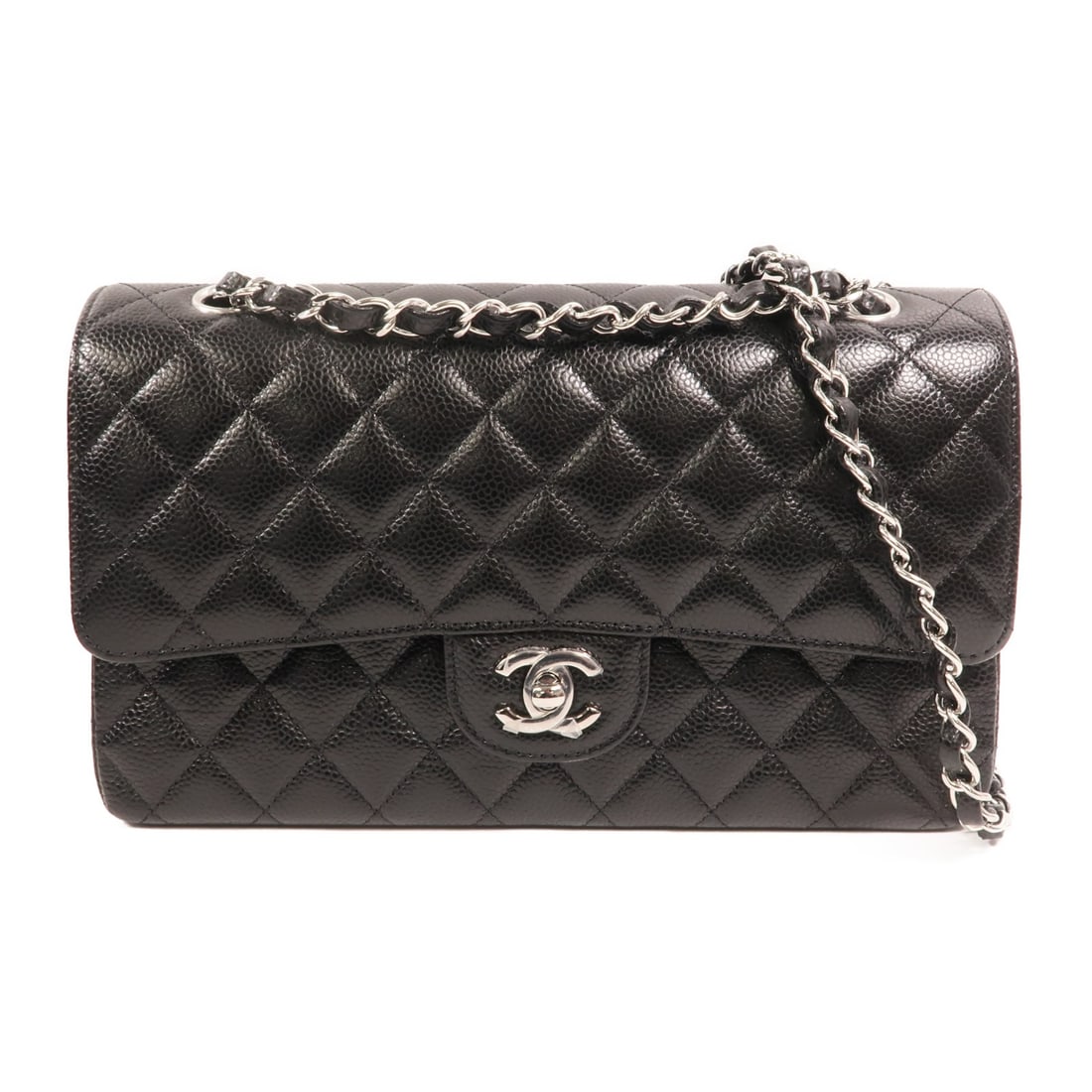 Chanel Classic 25 Black Calfskin Leather Shoulder Bag with Silver Tone Chain: Chanel Classic 25 Black Calfskin Leather Shoulder Bag with Silver Tone Chain This CHANEL Classic 25 chain shoulder bag features black calfskin leather with a sophisticated silver-tone CC closure. Desi