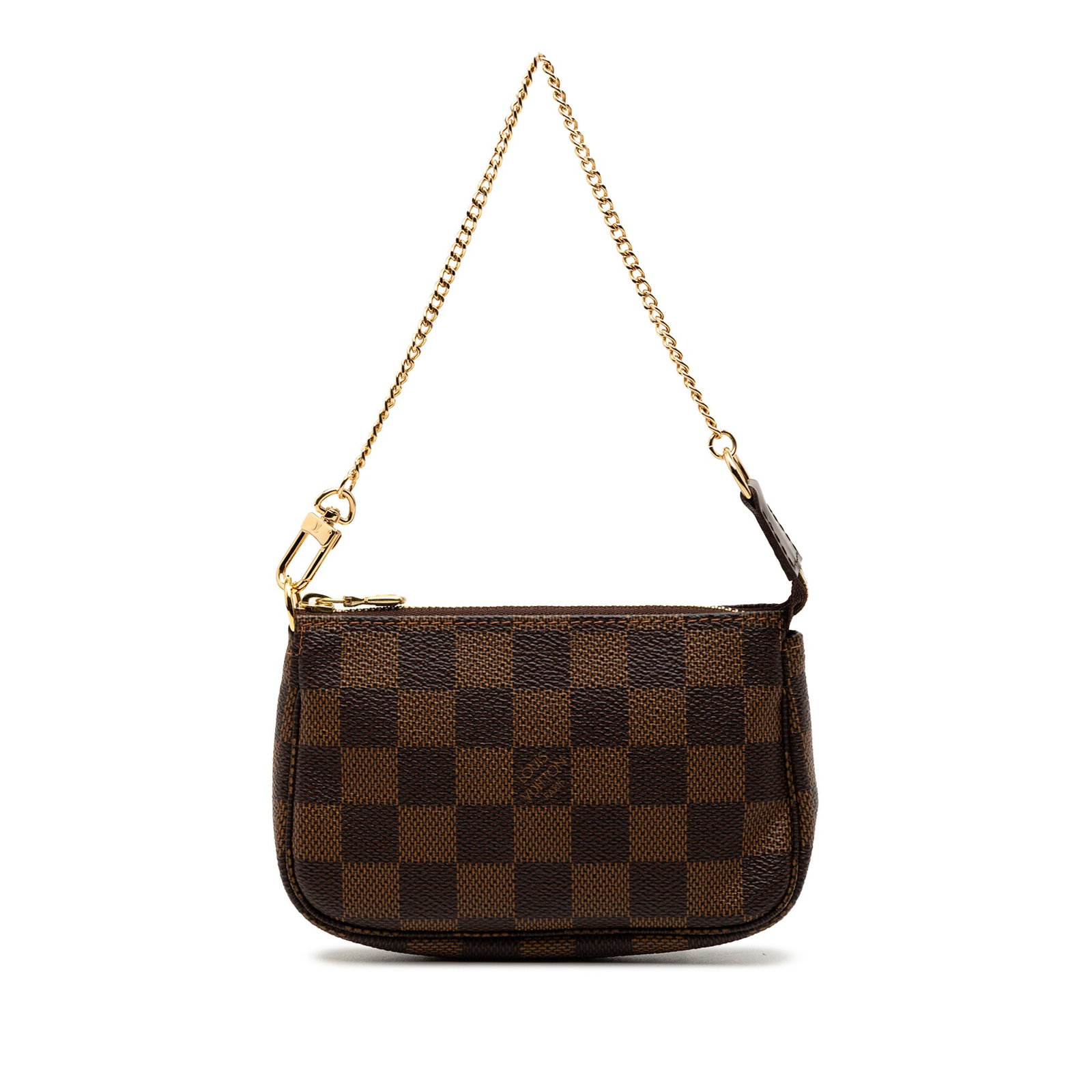 Louis Vuitton Mini Pochette Accessoires Damier Ebene Canvas Bag: Louis Vuitton Mini Pochette Accessoires Damier Ebene Canvas Bag This Louis Vuitton Damier Ebene Mini Pochette Accessoires features a signature Damier canvas body with a brown color scheme, complemente