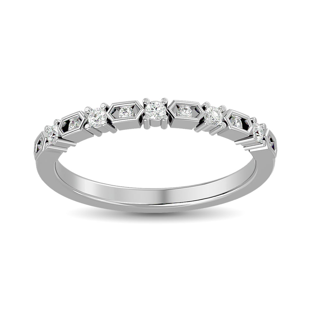 Diamond Stackable Band 1/6 Ct.tw in 14K White Gold: Diamond Stackable Band 1/6 Ct.tw in 14K White Gold 14k White Gold Stone Color: Gh Stone Clarity: Si2 Each ring is presented in standard size 6.5. Complimentary resizing is available between sizes 510 