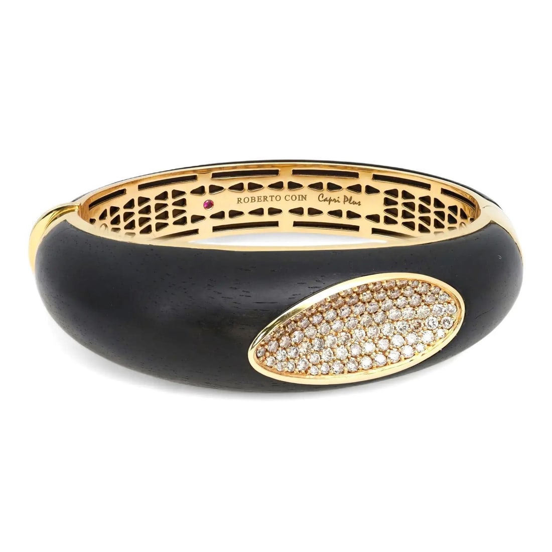 Capri Plus Ebony Wood and Diamond Bangle by Roberto Coin in 18k Yellow Gold: Capri Plus Ebony Wood and Diamond Bangle by Roberto Coin in 18k Yellow Gold This bold and chunky Roberto Coin 'Capri Plus' bangle bracelet features a striking combination of black ebony wood and 18k y